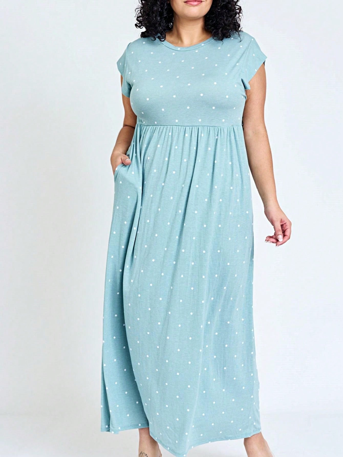 Boho Retro Polka Dot Rayon Mix Casual  Maxi Dress With Folded Cap Sleeve Side Pockets Versatile Summer Dress For Women
