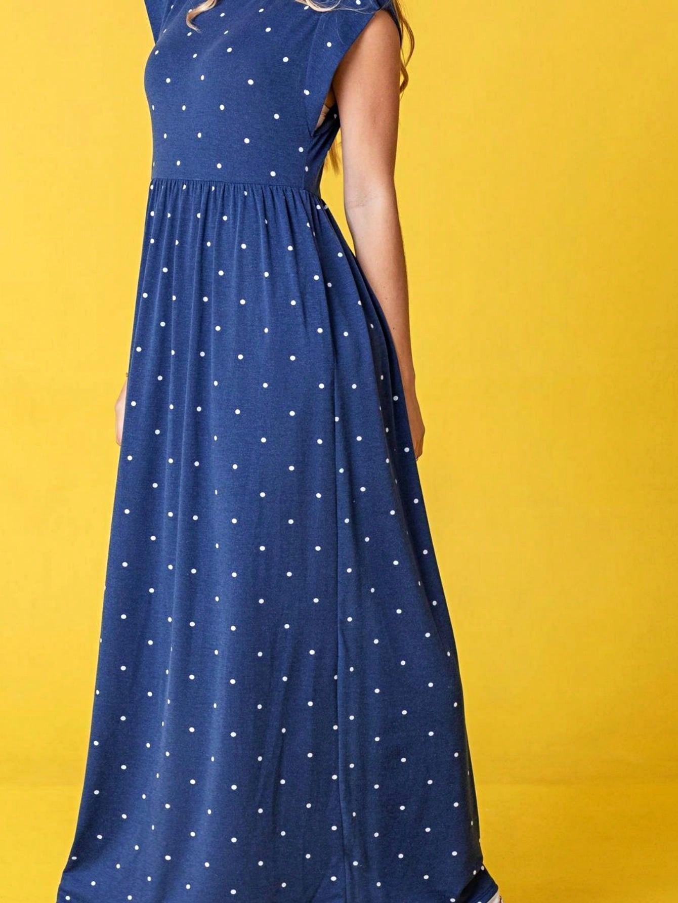 Boho Retro Polka Dot Rayon Mix Casual  Maxi Dress With Folded Cap Sleeve Side Pockets Versatile Summer Dress For Women