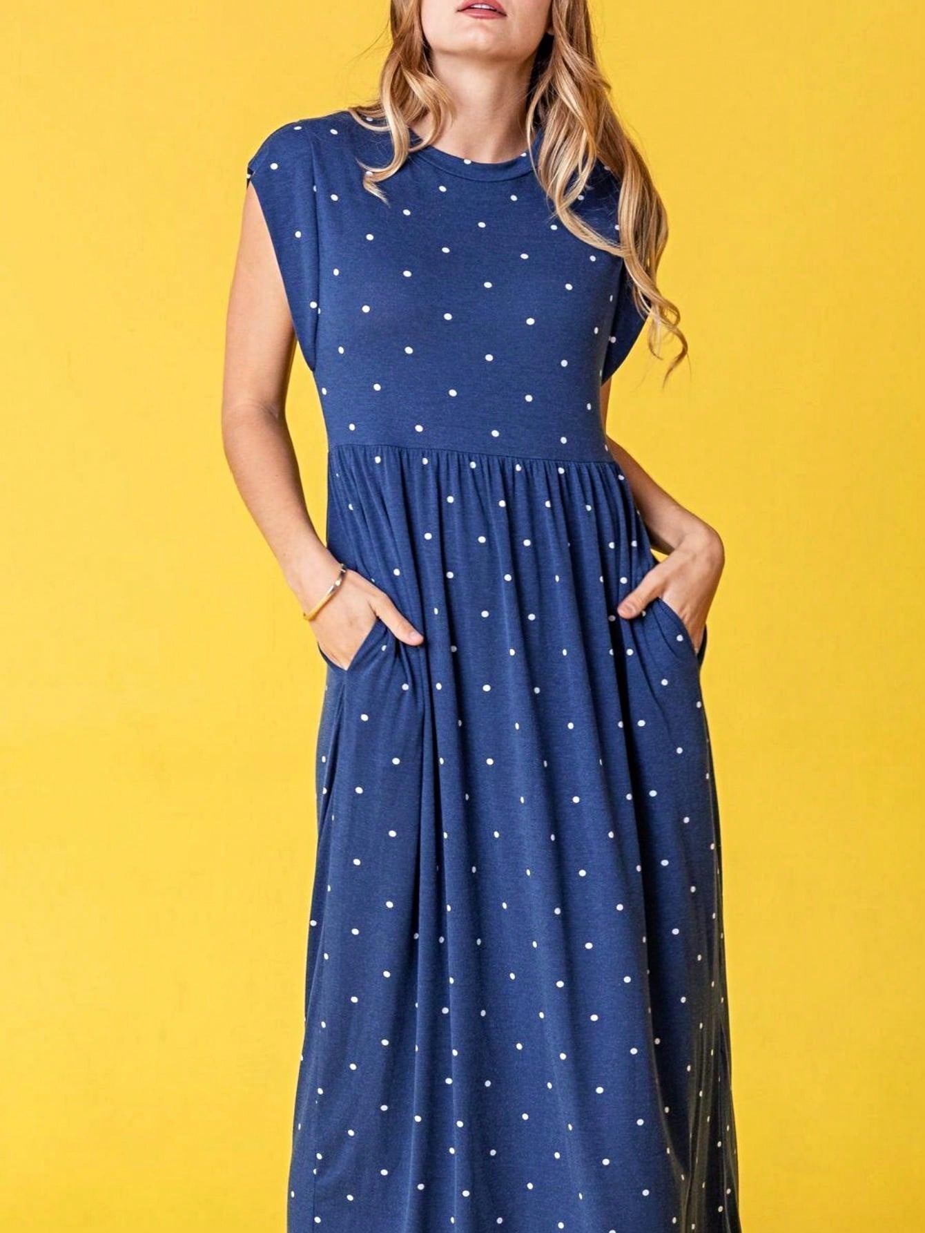Boho Retro Polka Dot Rayon Mix Casual  Maxi Dress With Folded Cap Sleeve Side Pockets Versatile Summer Dress For Women