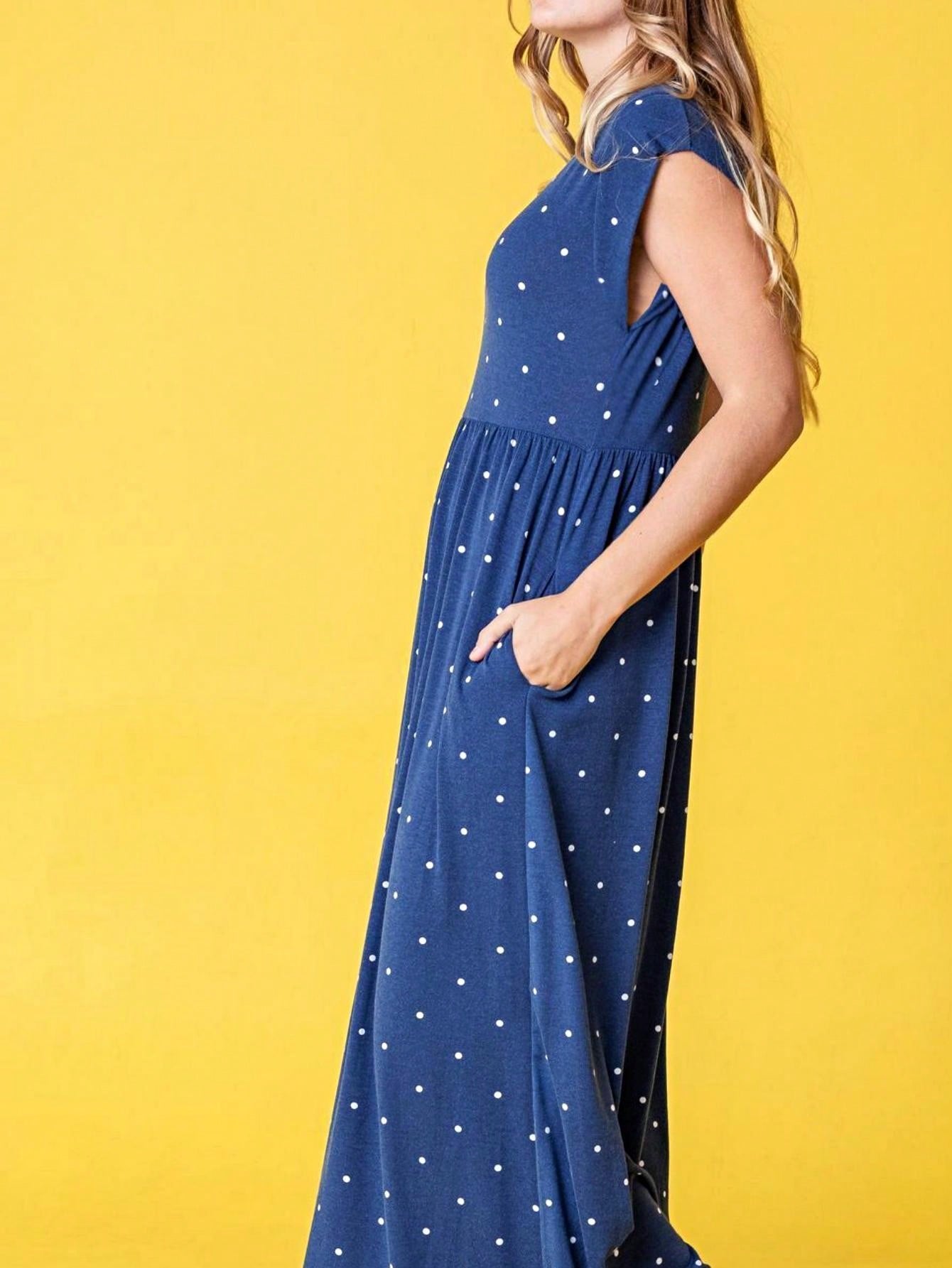 Boho Retro Polka Dot Rayon Mix Casual  Maxi Dress With Folded Cap Sleeve Side Pockets Versatile Summer Dress For Women