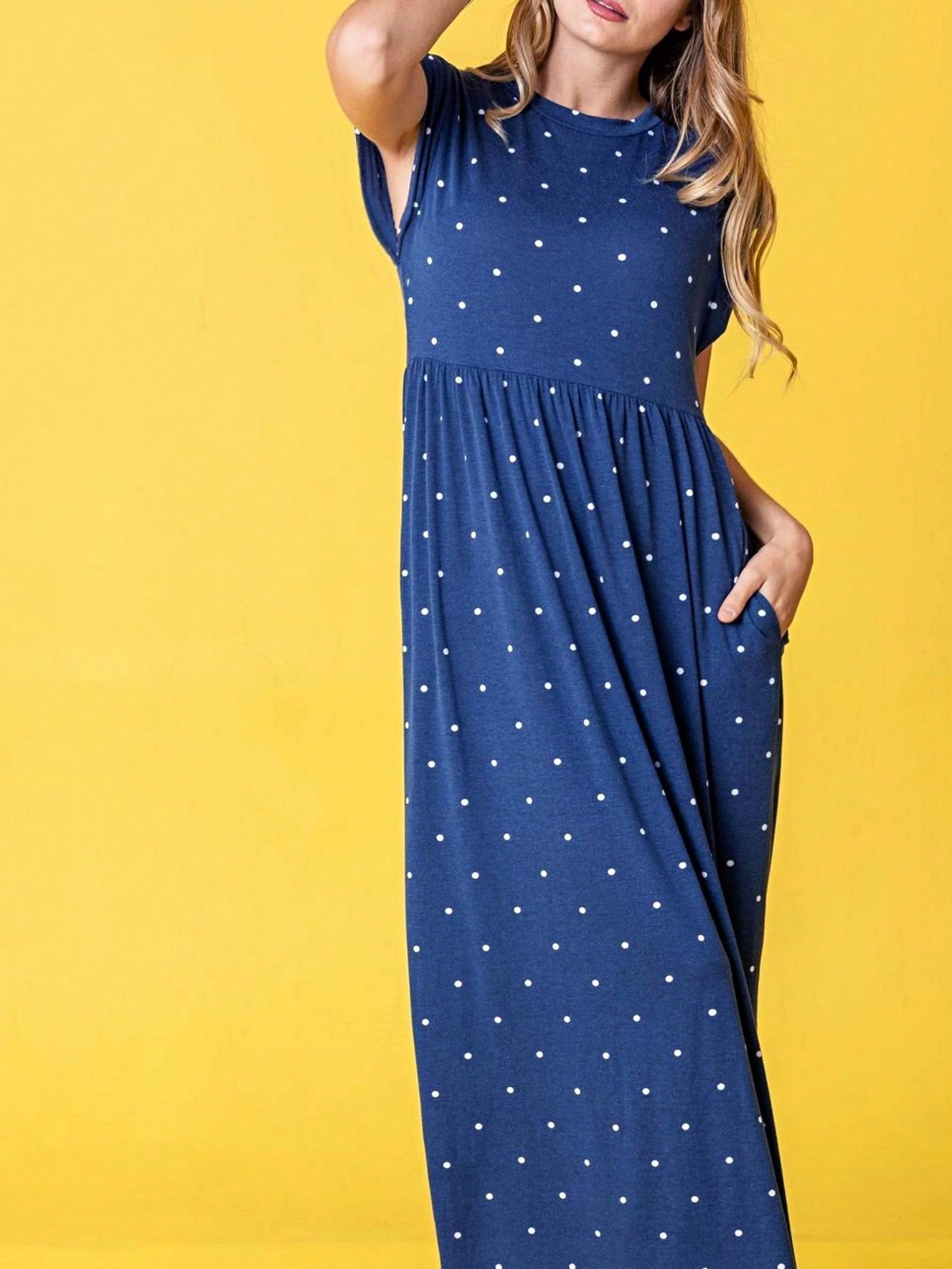 Boho Retro Polka Dot Rayon Mix Casual  Maxi Dress With Folded Cap Sleeve Side Pockets Versatile Summer Dress For Women