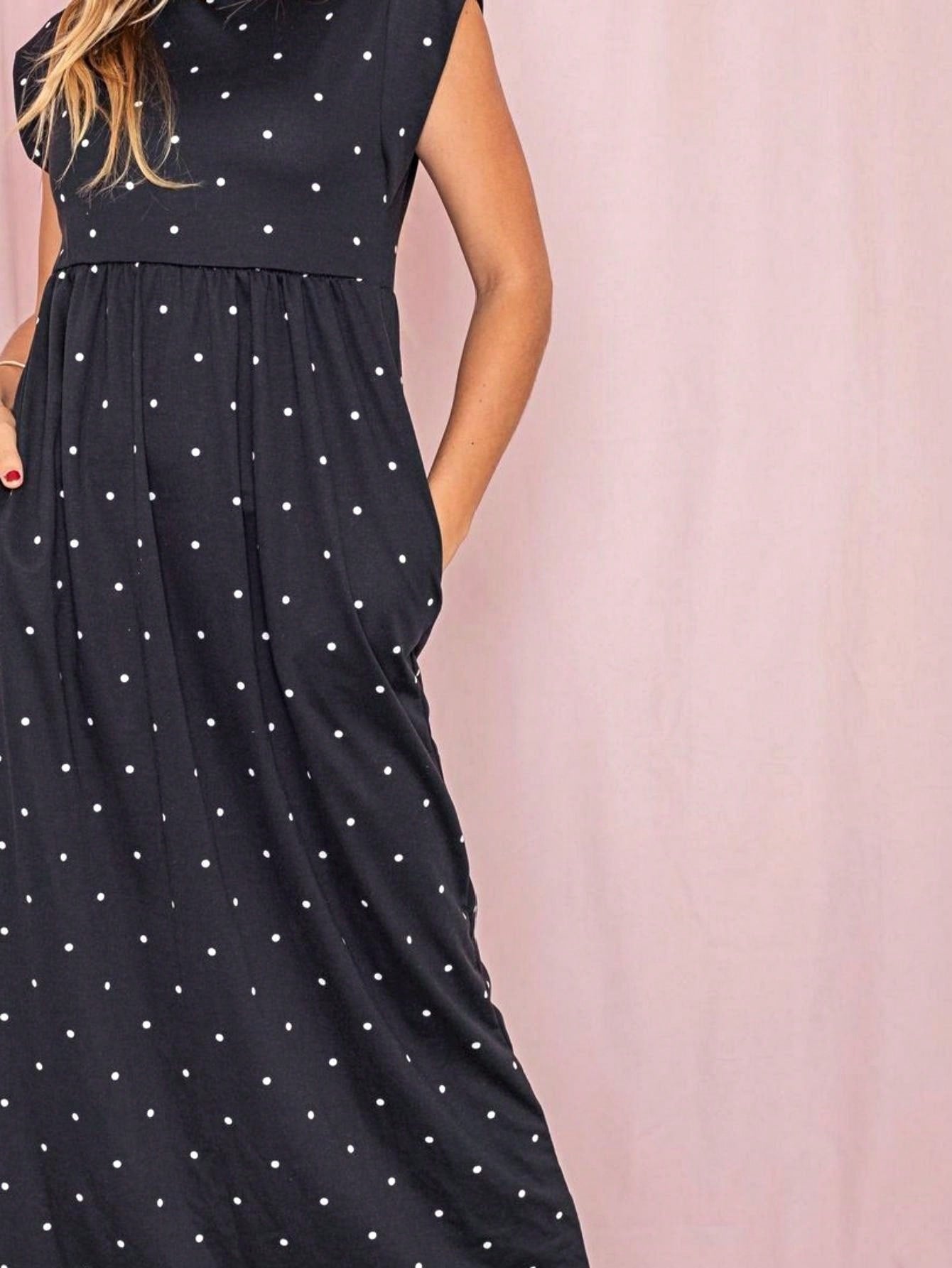 Boho Retro Polka Dot Rayon Mix Casual  Maxi Dress With Folded Cap Sleeve Side Pockets Versatile Summer Dress For Women
