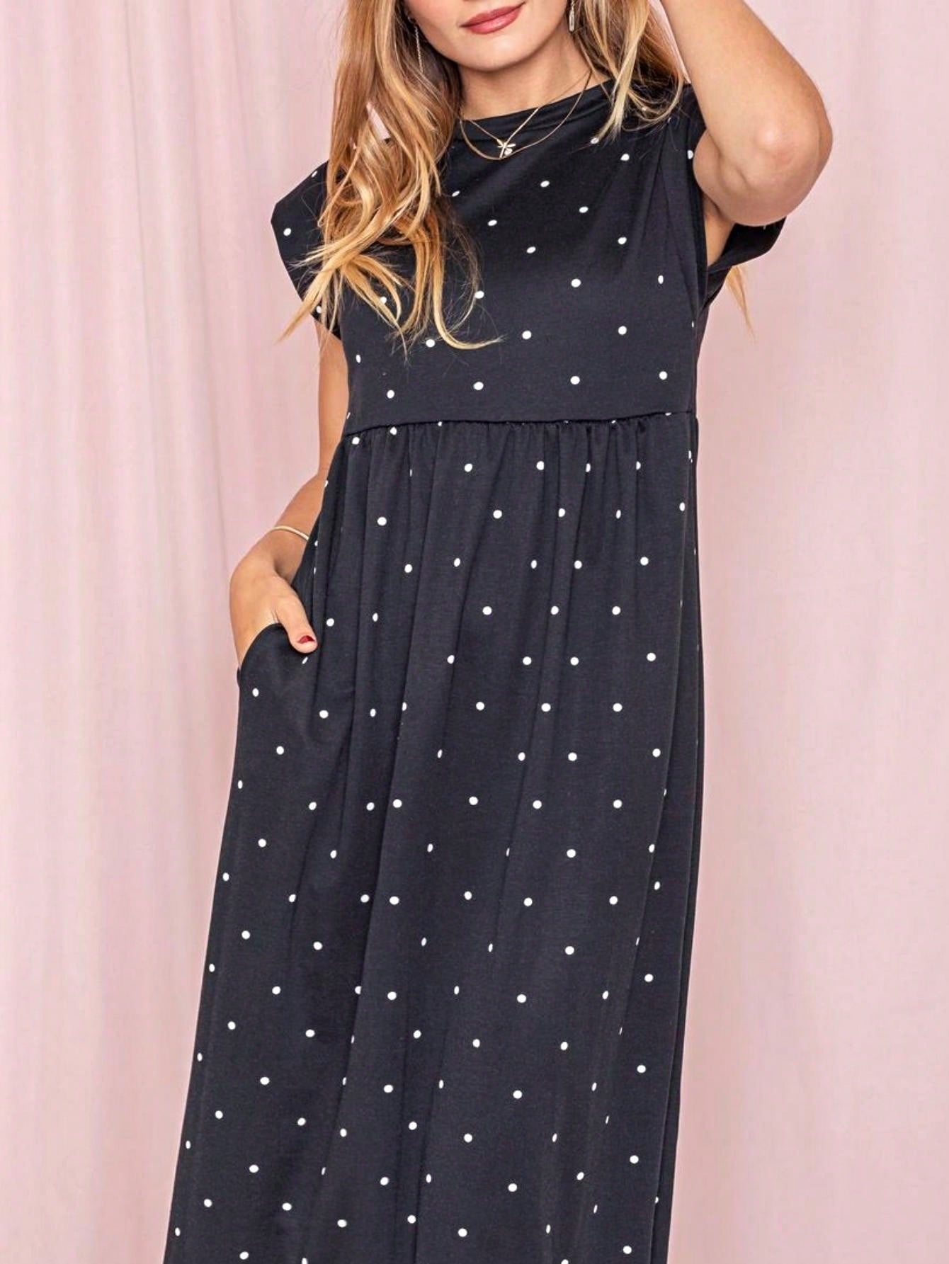 Boho Retro Polka Dot Rayon Mix Casual  Maxi Dress With Folded Cap Sleeve Side Pockets Versatile Summer Dress For Women