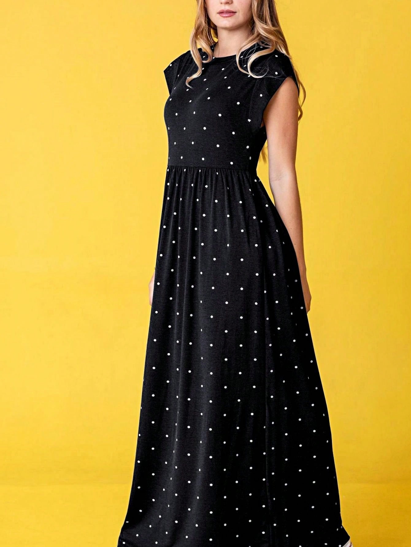 Boho Retro Polka Dot Rayon Mix Casual  Maxi Dress With Folded Cap Sleeve Side Pockets Versatile Summer Dress For Women