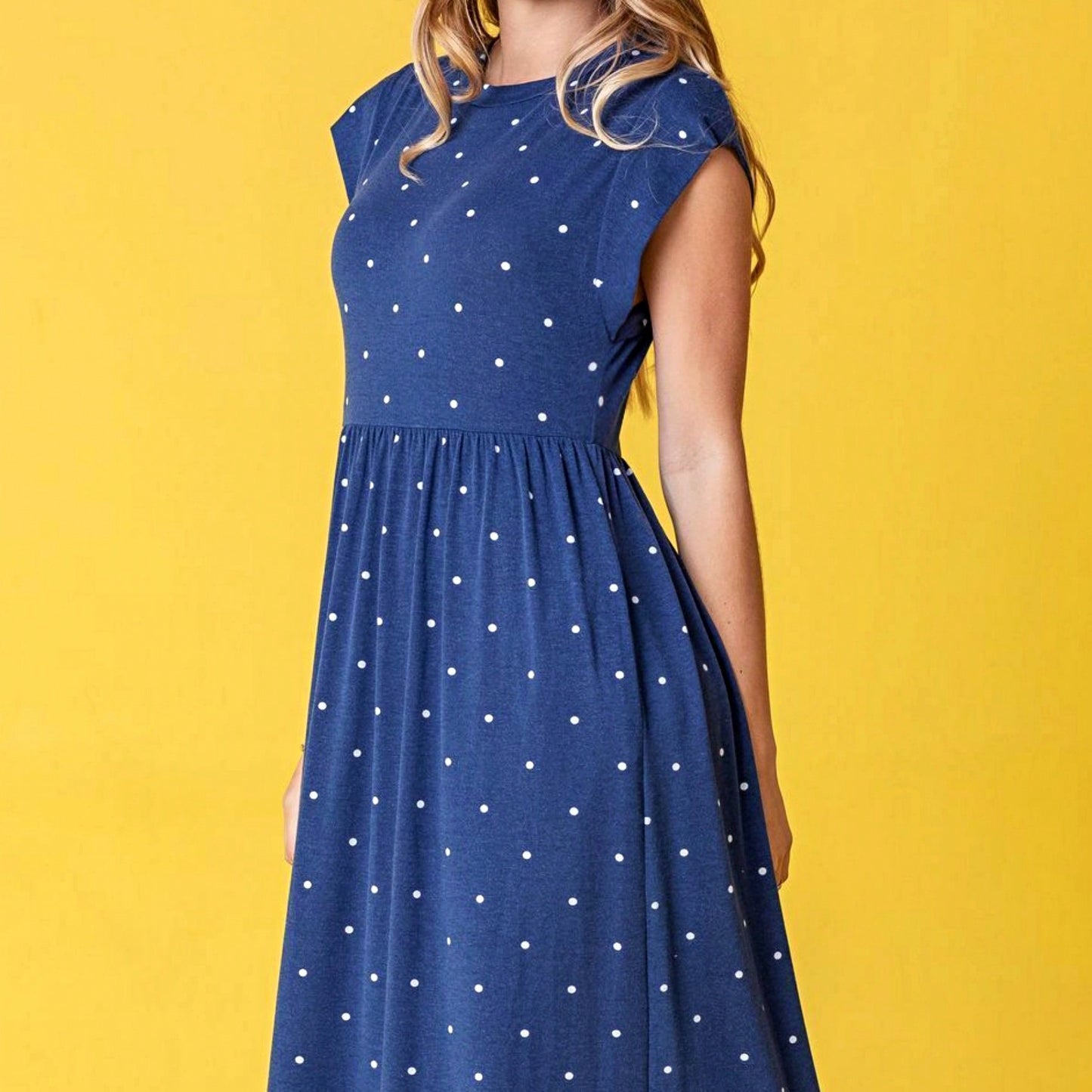 Boho Retro Polka Dot Rayon Mix Casual  Maxi Dress With Folded Cap Sleeve Side Pockets Versatile Summer Dress For Women
