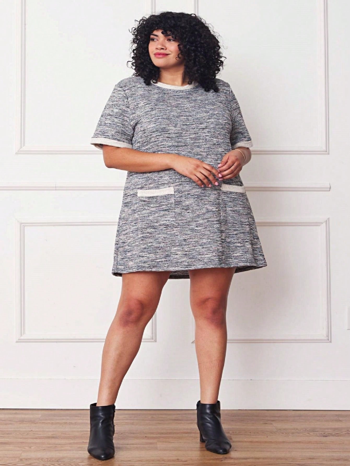 Boho Retro Preppy Tweed  Classic Cotton Mix Ivory  Pink And Blue Threads Short Sleeve Shift Pocket  Dress Small To 3XL Plus