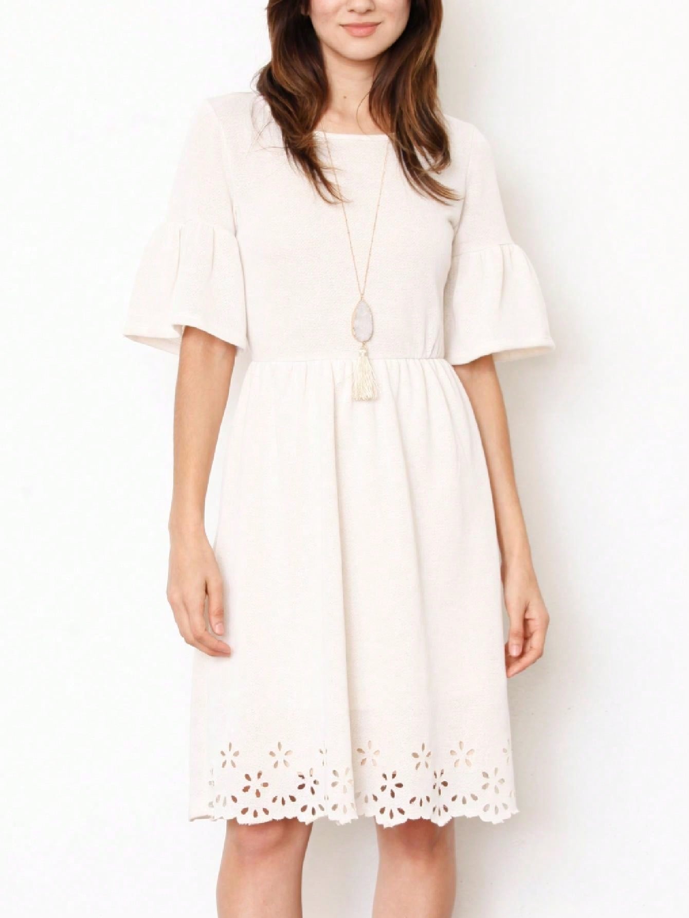 Boho Retro Half  Long Balloon Sleeve Ruffle Bell  Tiered Patch Work Flower Tiered Knit Dress