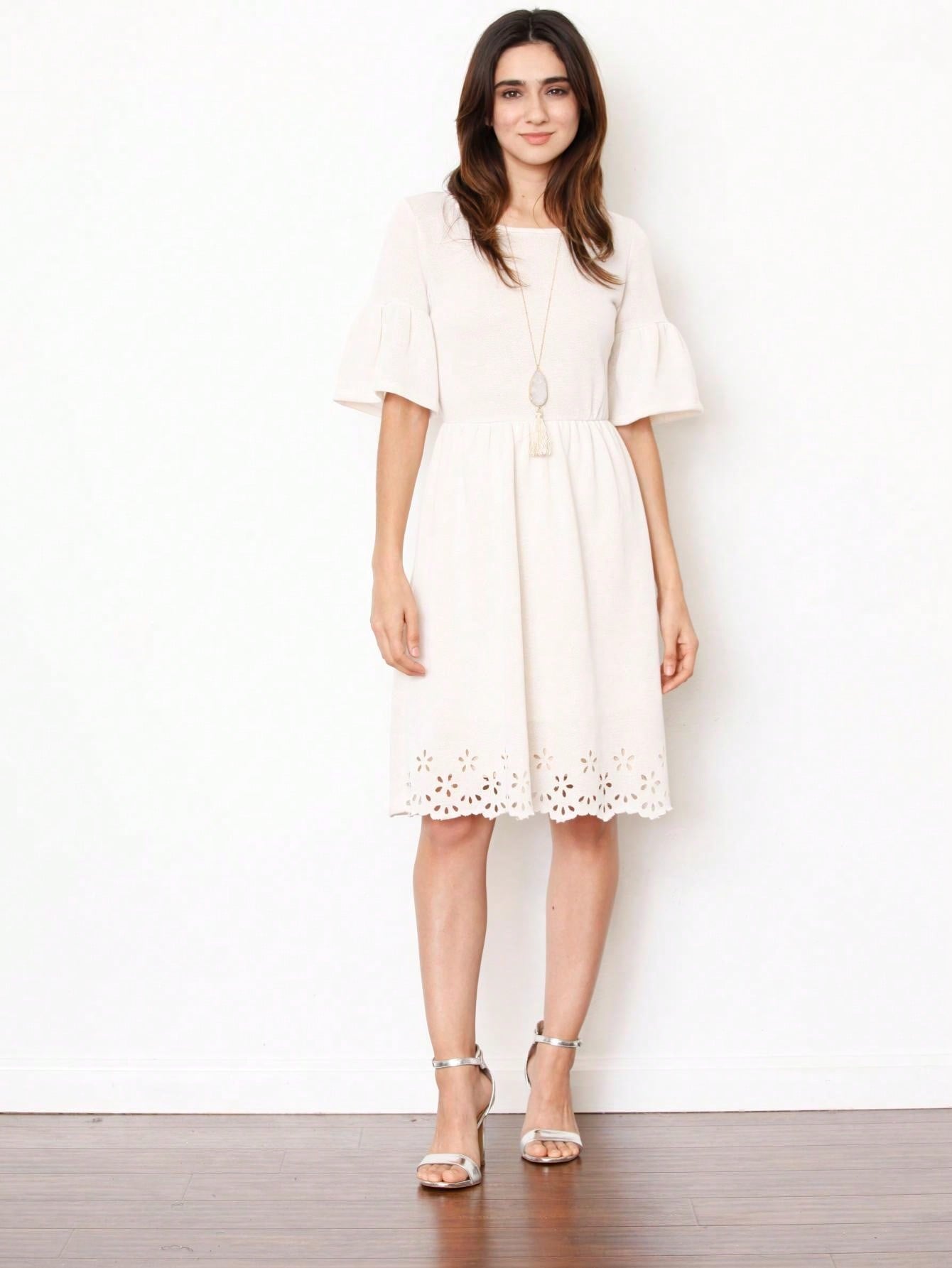 Boho Retro Half  Long Balloon Sleeve Ruffle Bell  Tiered Patch Work Flower Tiered Knit Dress