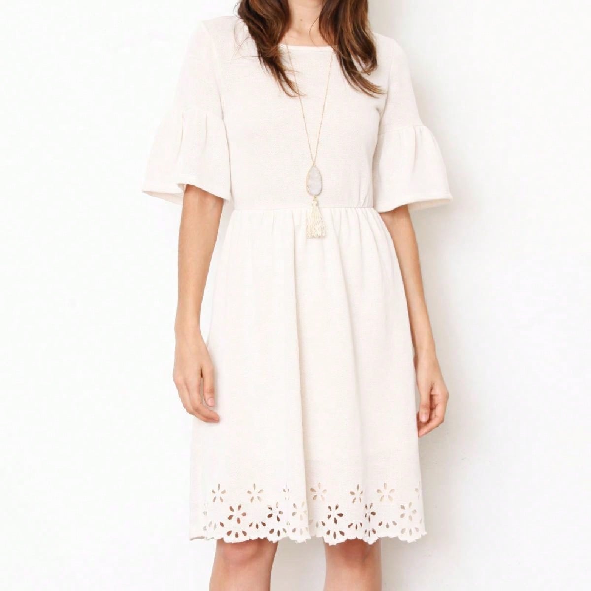 Boho Retro Half  Long Balloon Sleeve Ruffle Bell  Tiered Patch Work Flower Tiered Knit Dress