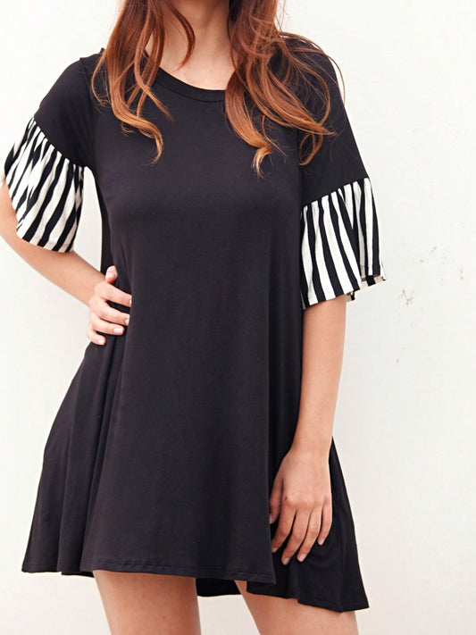 Boho Retro  Solid Stripe Ruffle Layered Sleeve Rayon  Tunic Mini Dress Flounce Sleeve