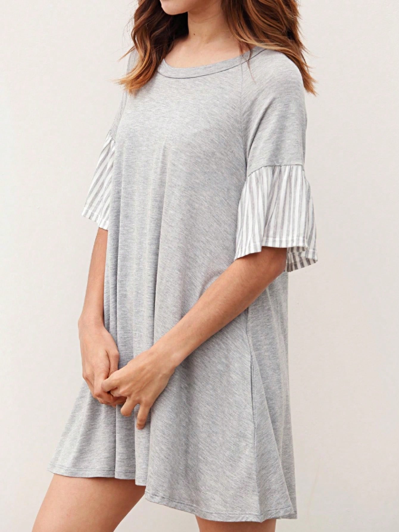 Boho Retro  Solid Stripe Ruffle Layered Sleeve Rayon  Tunic Mini Dress Flounce Sleeve