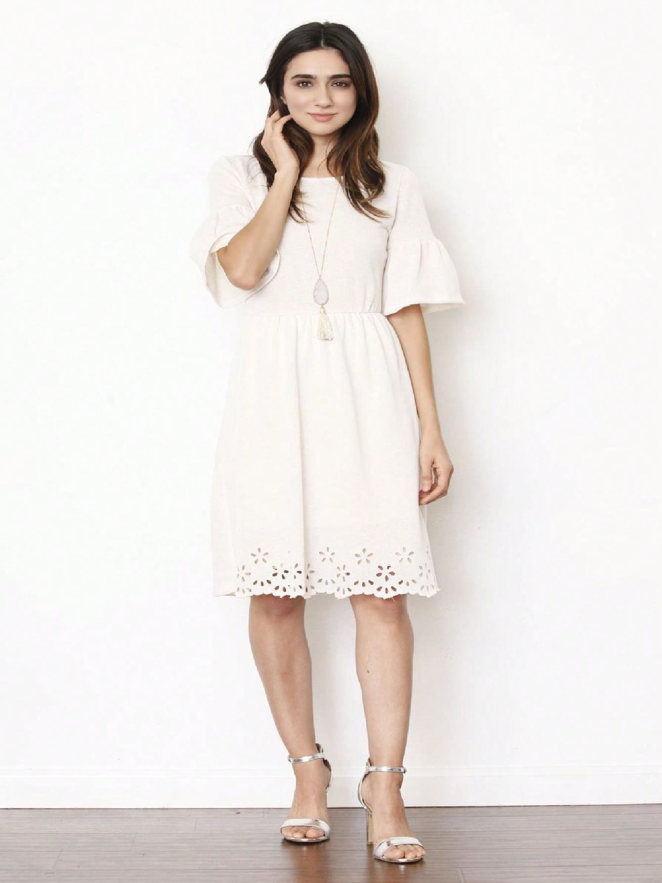 Boho Retro Half  Long Balloon Sleeve Ruffle Bell  Tiered Patch Work Flower Tiered Knit Dress