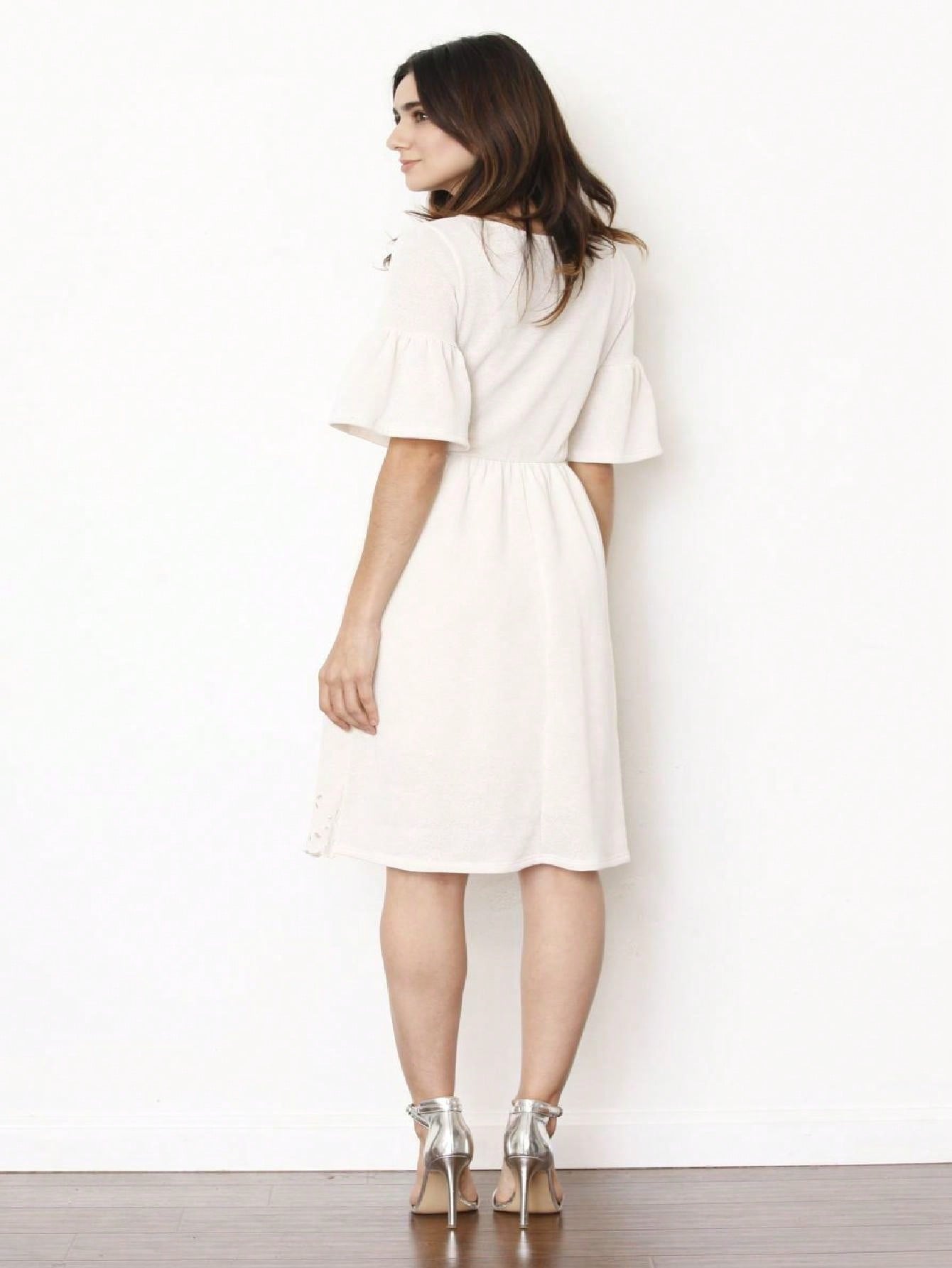 Boho Retro Half  Long Balloon Sleeve Ruffle Bell  Tiered Patch Work Flower Tiered Knit Dress