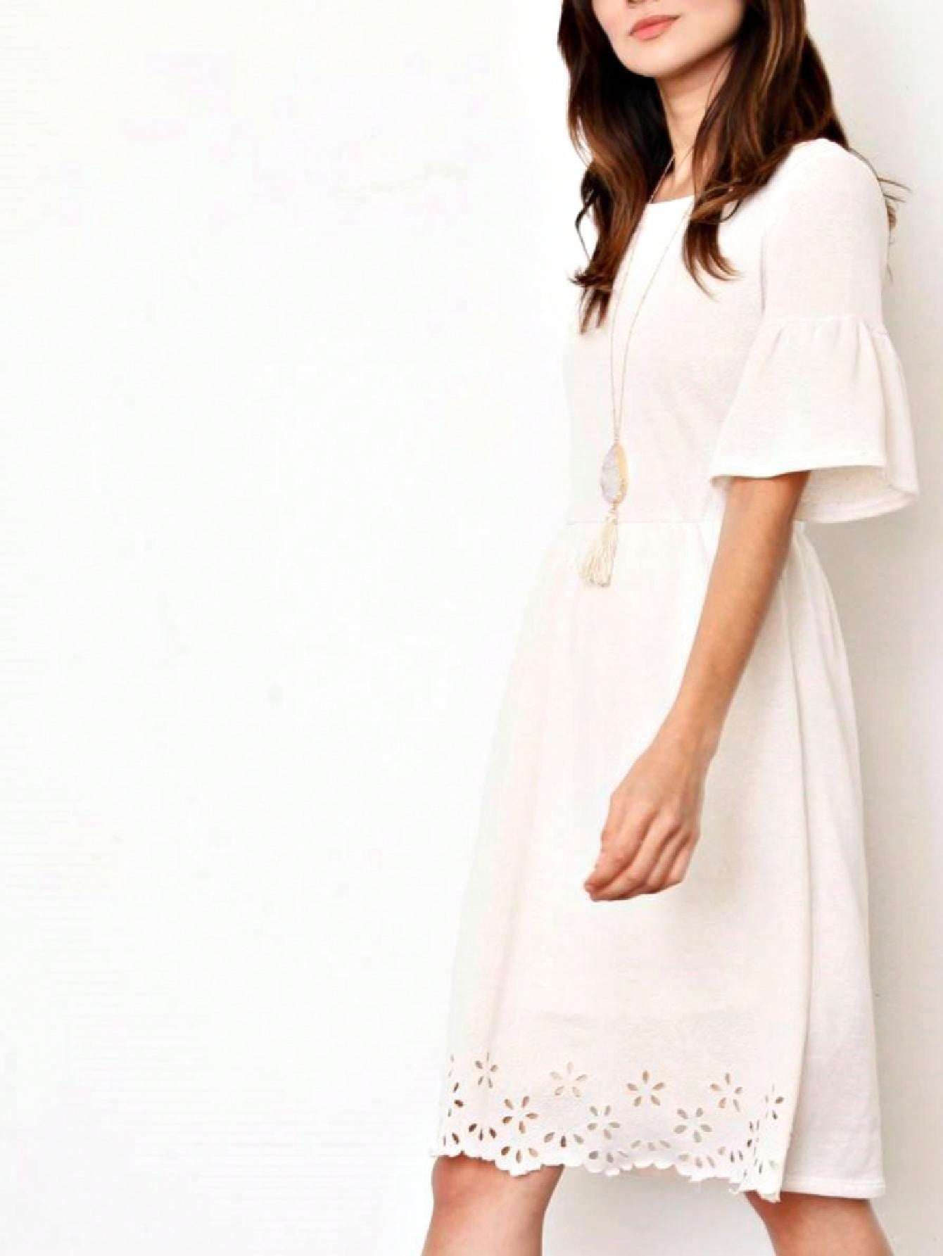 Boho Retro Half  Long Balloon Sleeve Ruffle Bell  Tiered Patch Work Flower Tiered Knit Dress
