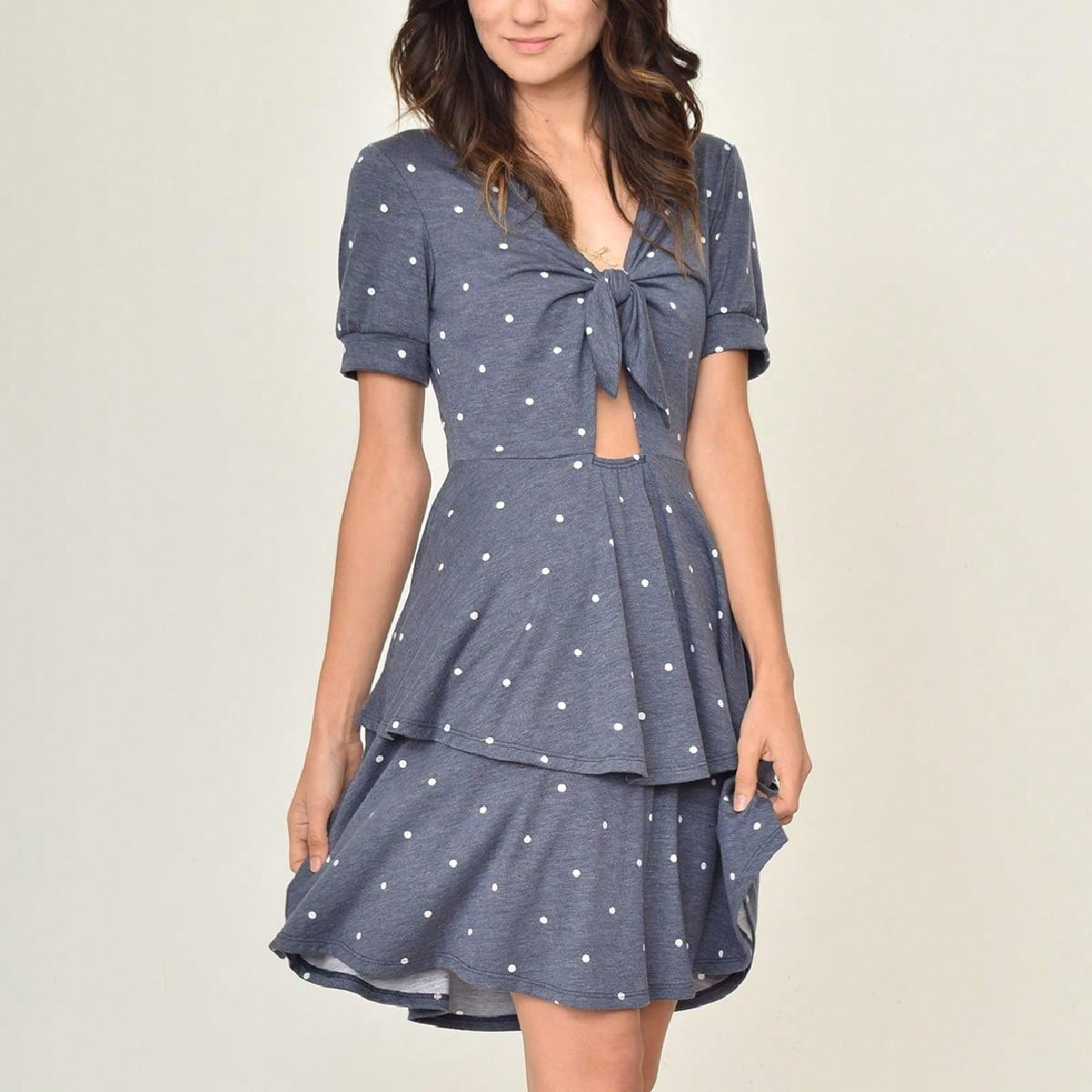 Boho Retro Tiered Front Tie Bow Polka Dot Dress Pink Blue Puff Sleeves