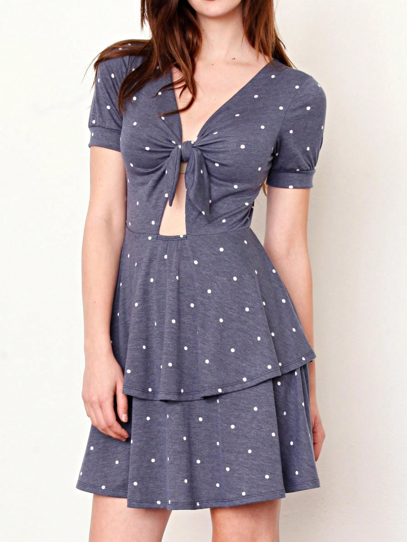 Boho Retro Tiered Front Tie Bow Polka Dot Dress Pink Blue Puff Sleeves