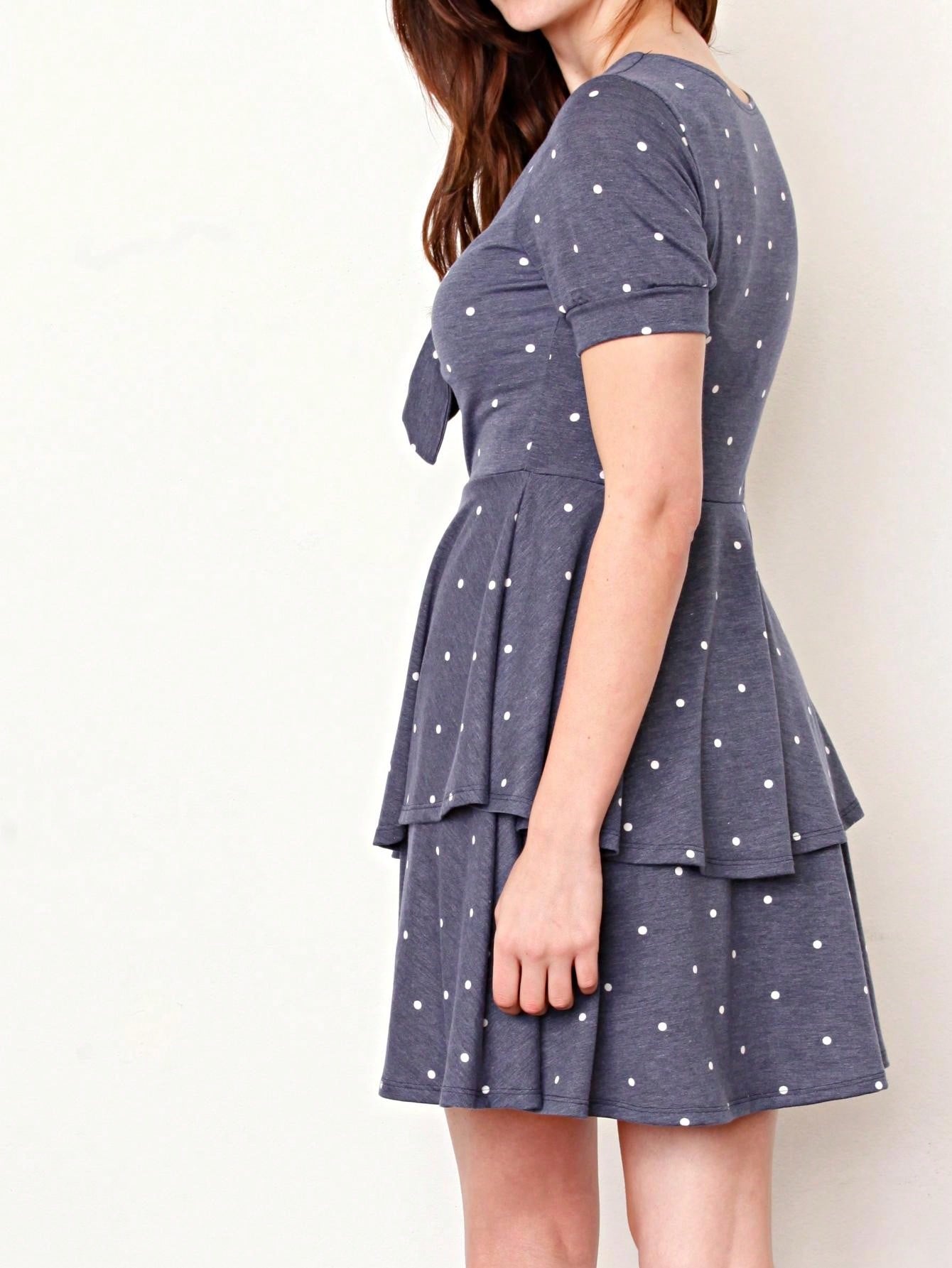 Boho Retro Tiered Front Tie Bow Polka Dot Dress Pink Blue Puff Sleeves