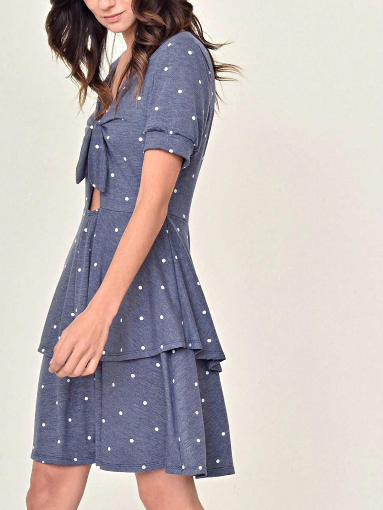 Boho Retro Tiered Front Tie Bow Polka Dot Dress Pink Blue Puff Sleeves