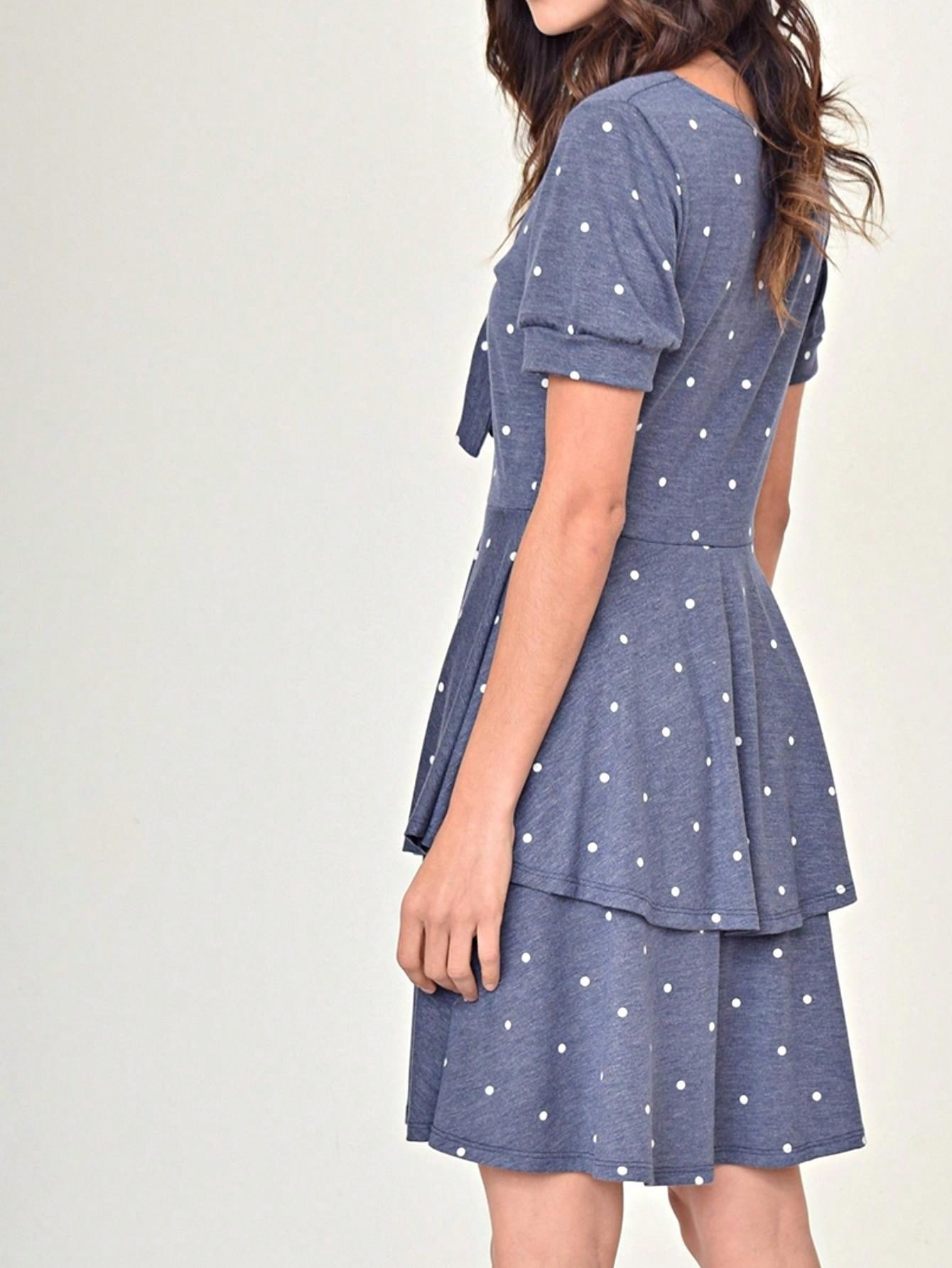 Boho Retro Tiered Front Tie Bow Polka Dot Dress Pink Blue Puff Sleeves