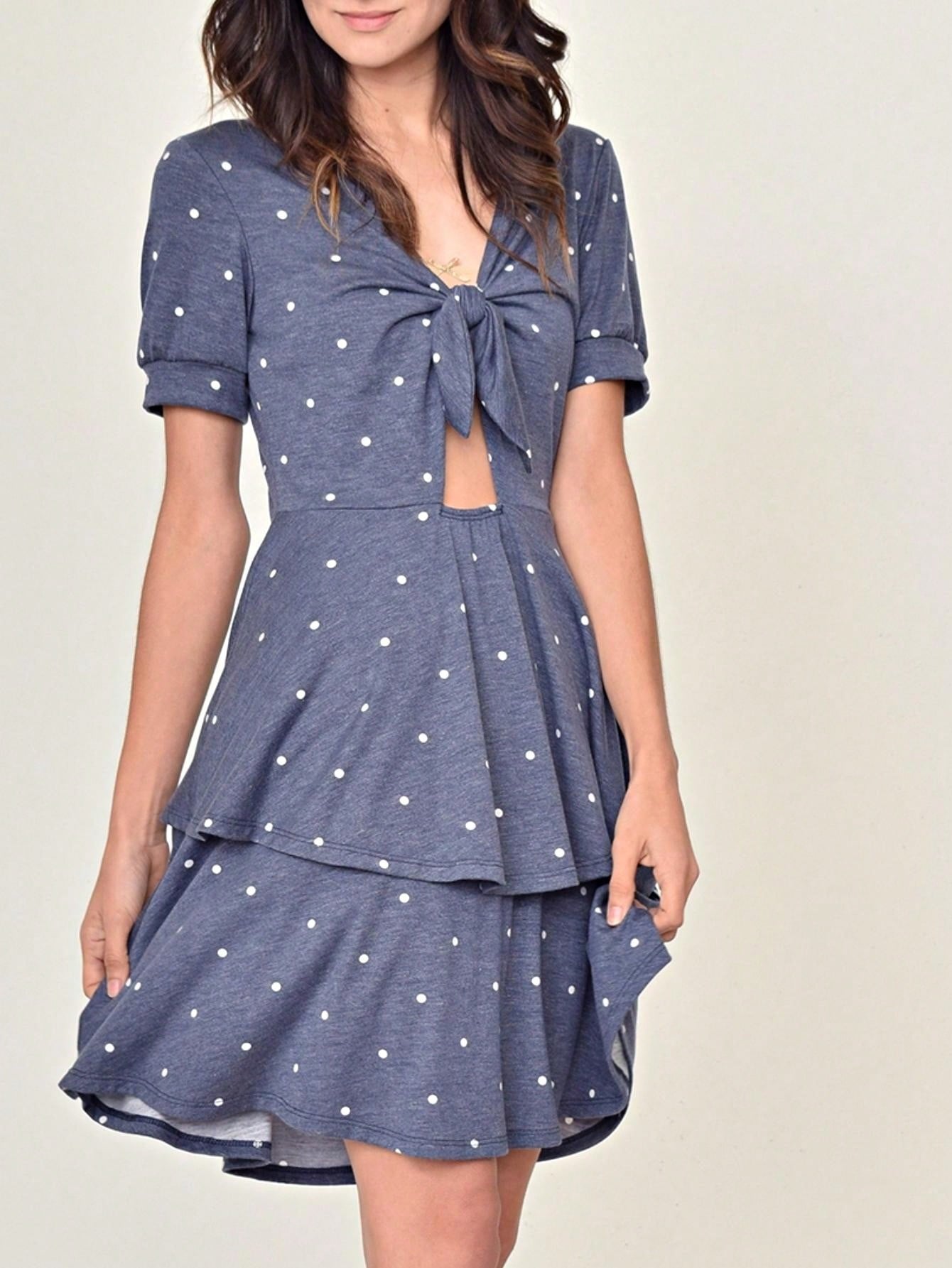 Boho Retro Tiered Front Tie Bow Polka Dot Dress Pink Blue Puff Sleeves