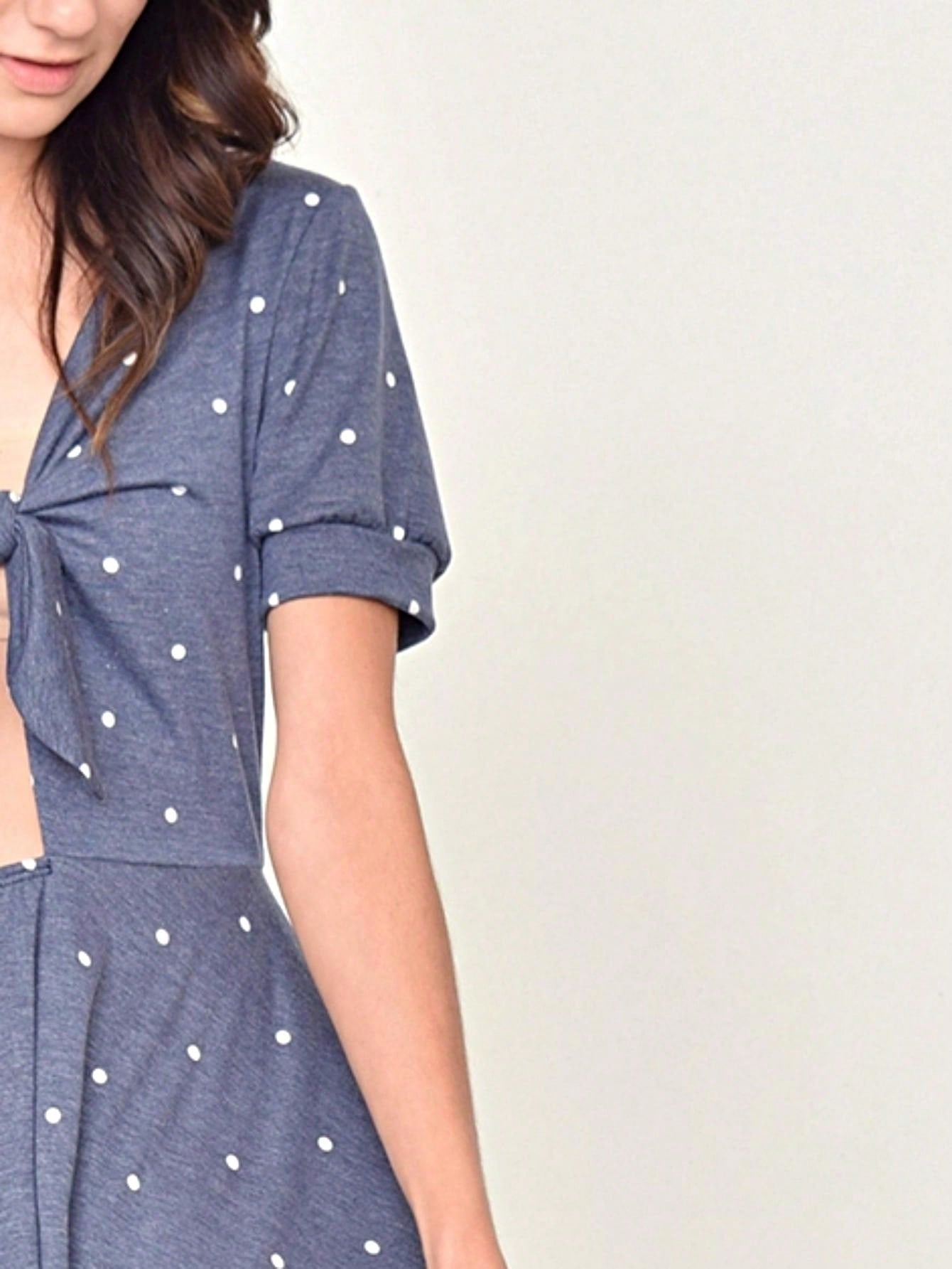 Boho Retro Tiered Front Tie Bow Polka Dot Dress Pink Blue Puff Sleeves