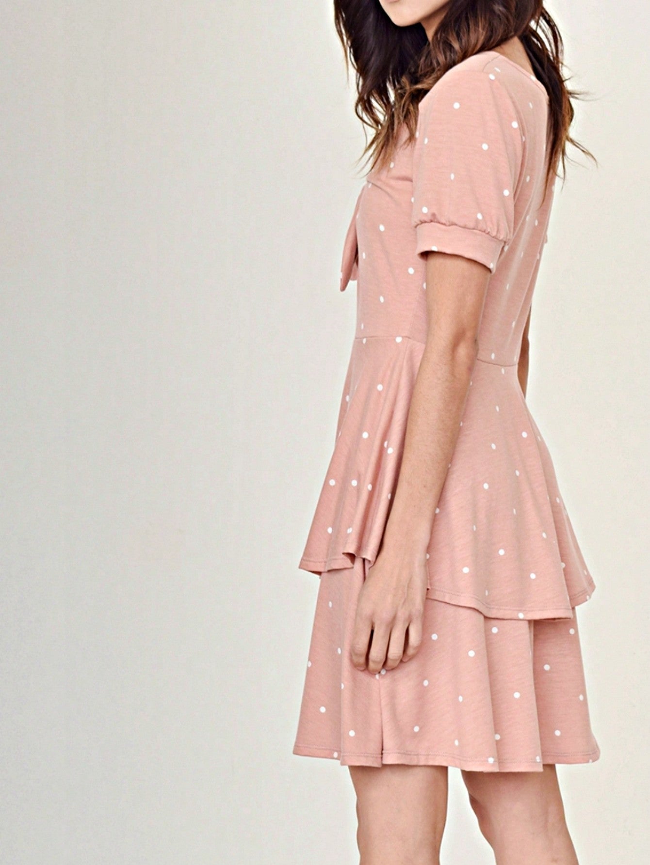 Boho Retro Tiered Front Tie Bow Polka Dot Dress Pink Blue Puff Sleeves