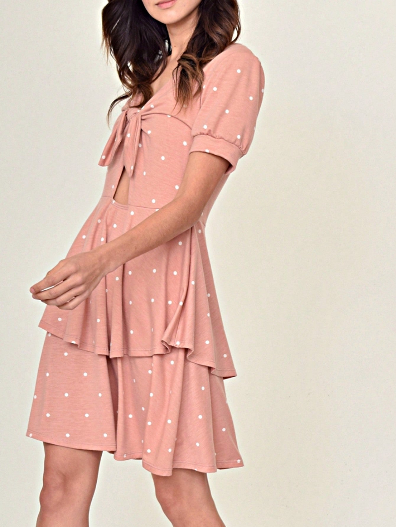 Boho Retro Tiered Front Tie Bow Polka Dot Dress Pink Blue Puff Sleeves