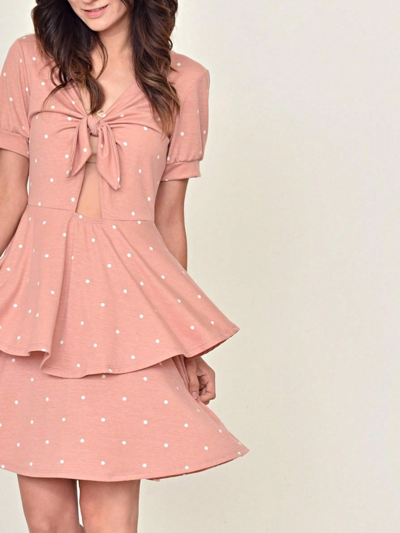 Boho Retro Tiered Front Tie Bow Polka Dot Dress Pink Blue Puff Sleeves