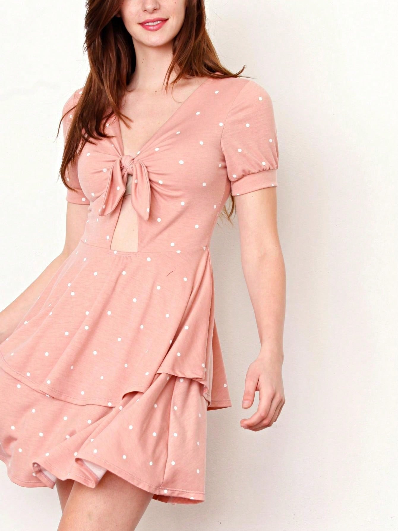 Boho Retro Tiered Front Tie Bow Polka Dot Dress Pink Blue Puff Sleeves