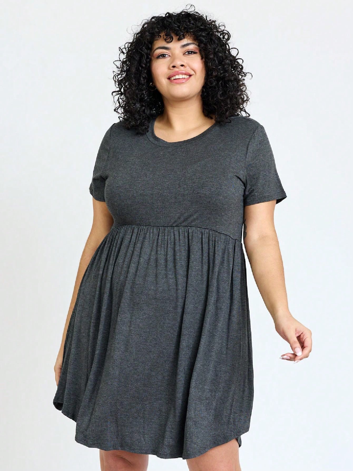 Boho Retro Solid Rayon Cool  Color Mini Dress Short Sleeves Grey Charcoal Olive Navy Small To 3XL Plus Curvy