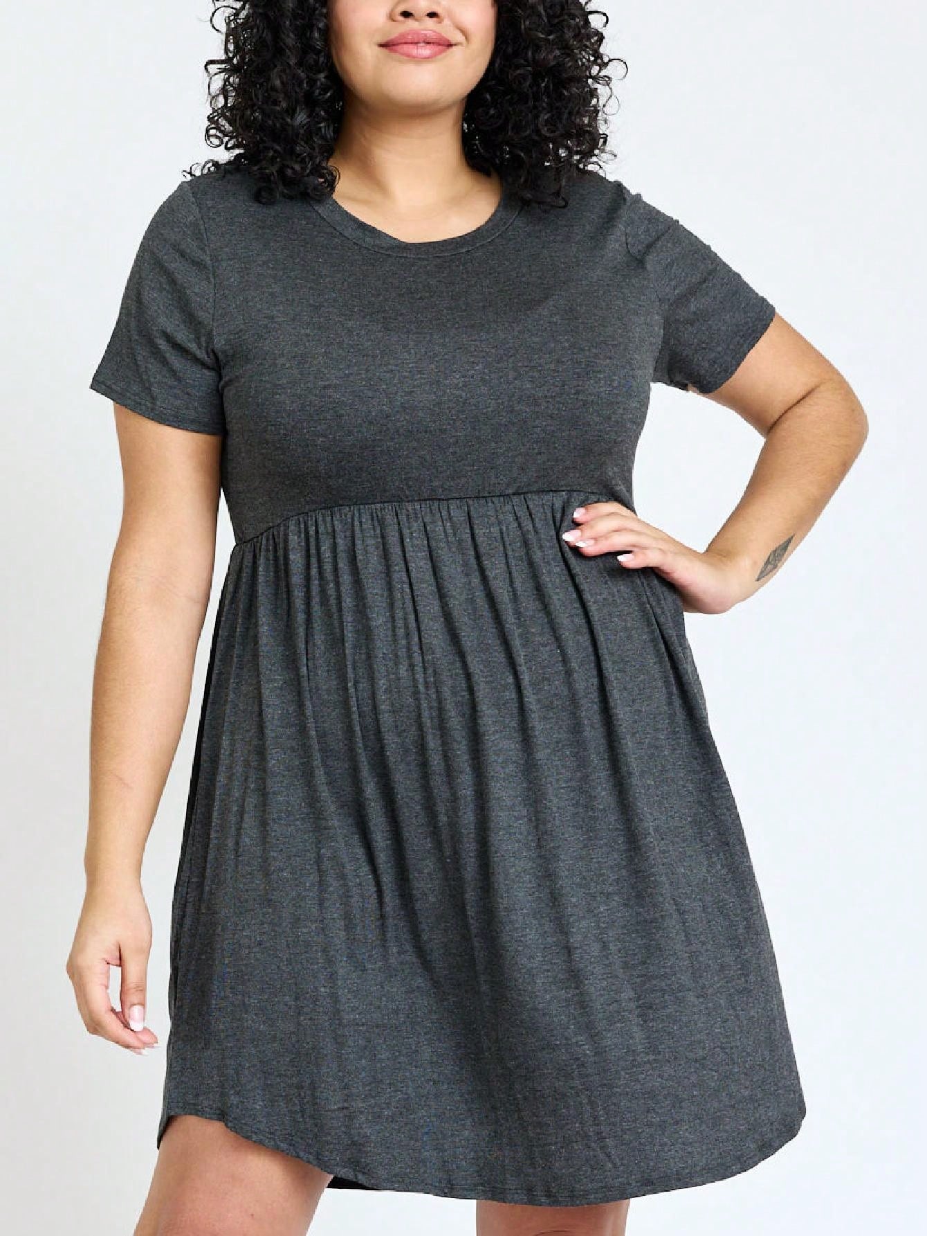 Boho Retro Solid Rayon Cool  Color Mini Dress Short Sleeves Grey Charcoal Olive Navy Small To 3XL Plus Curvy