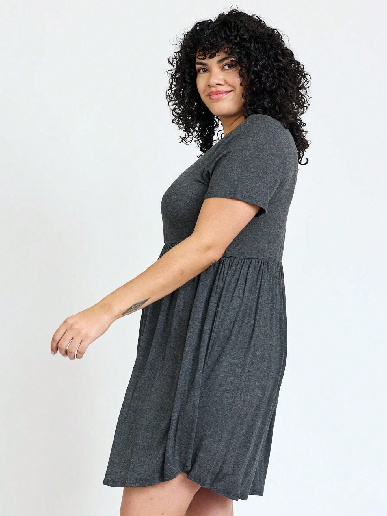 Boho Retro Solid Rayon Cool  Color Mini Dress Short Sleeves Grey Charcoal Olive Navy Small To 3XL Plus Curvy