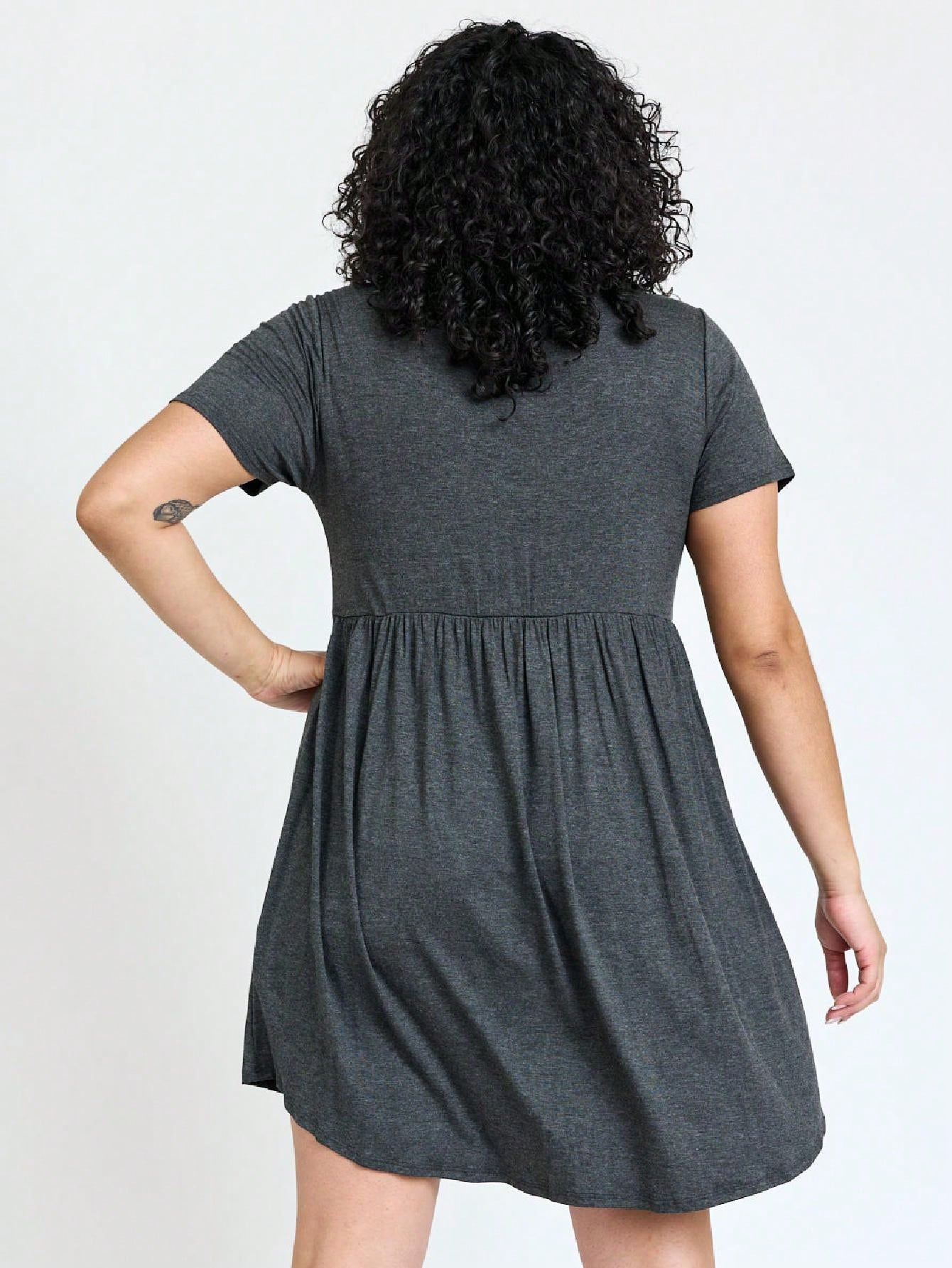 Boho Retro Solid Rayon Cool  Color Mini Dress Short Sleeves Grey Charcoal Olive Navy Small To 3XL Plus Curvy