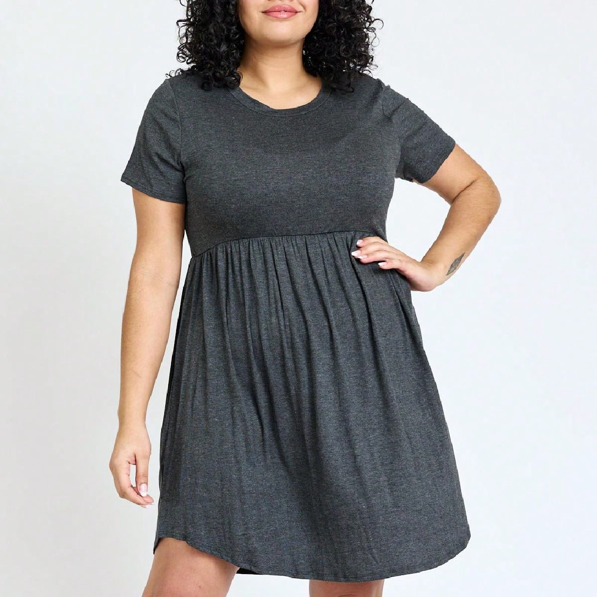 Boho Retro Solid Rayon Cool  Color Mini Dress Short Sleeves Grey Charcoal Olive Navy Small To 3XL Plus Curvy