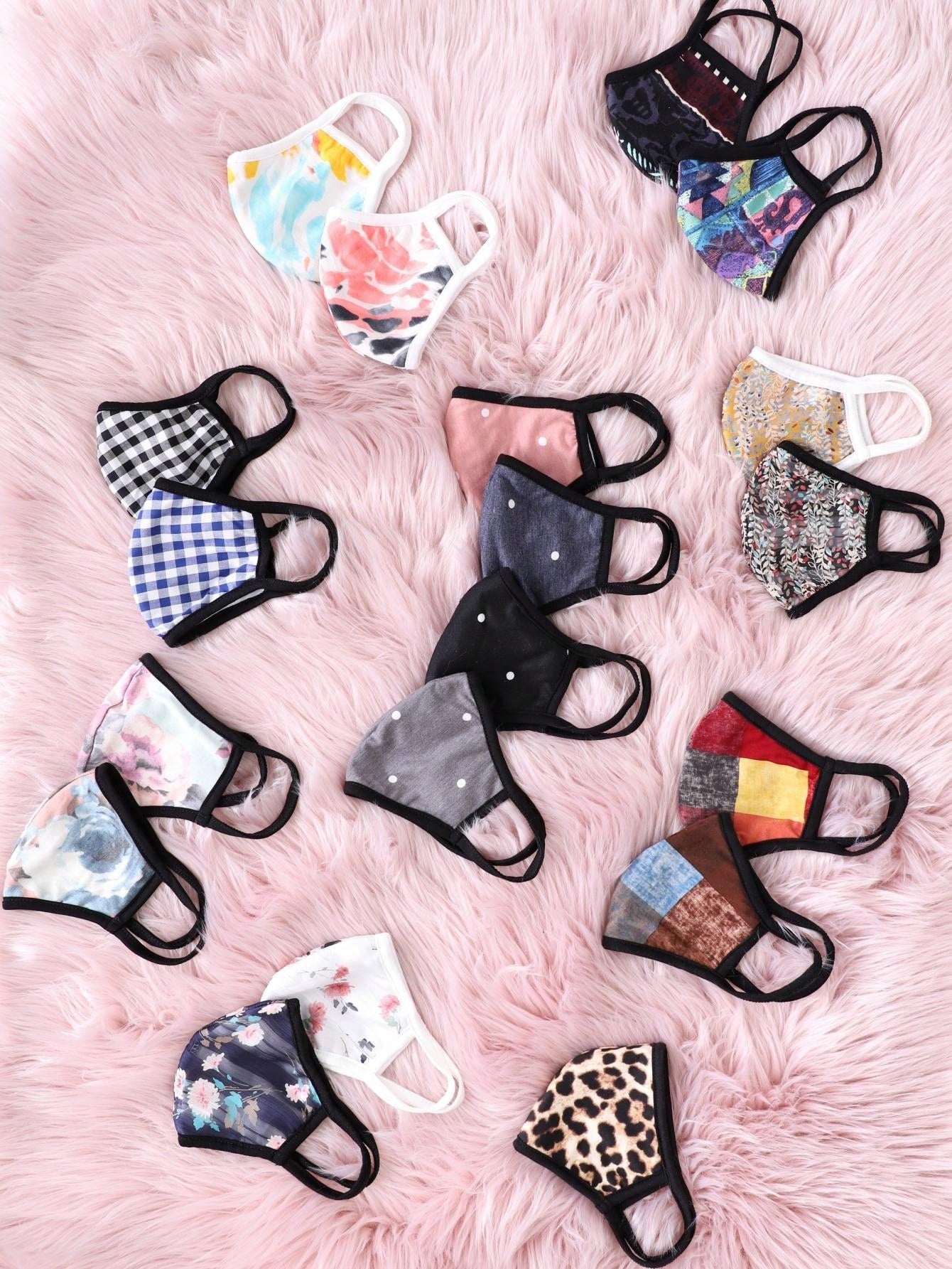Made In The USA Cotton Lined Reusable Face Mask With Black Floral Polka Dot Plaid Gingham Solid Black