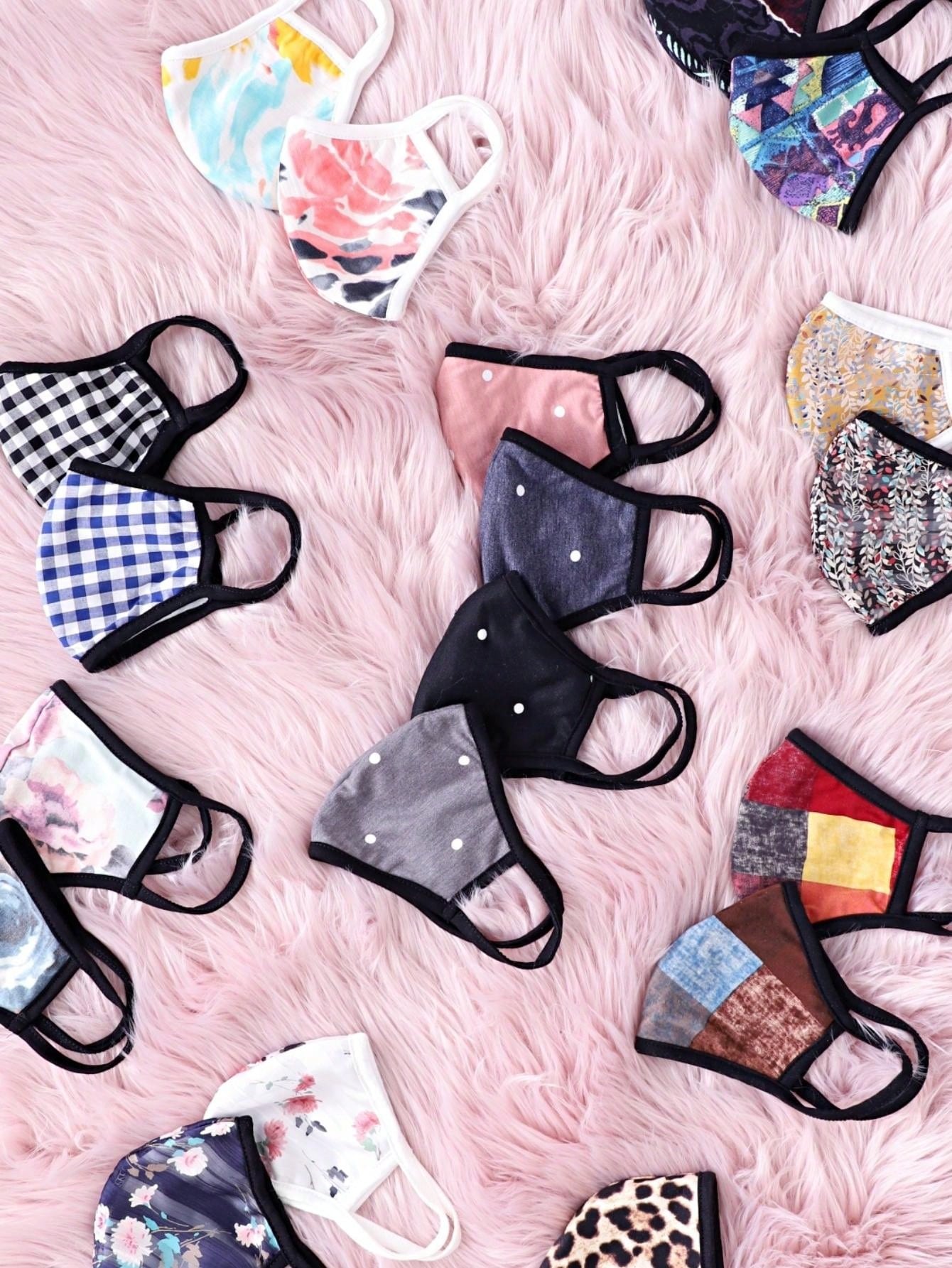 Made In The USA Cotton Lined Reusable Face Mask With Black Floral Polka Dot Plaid Gingham Solid Black