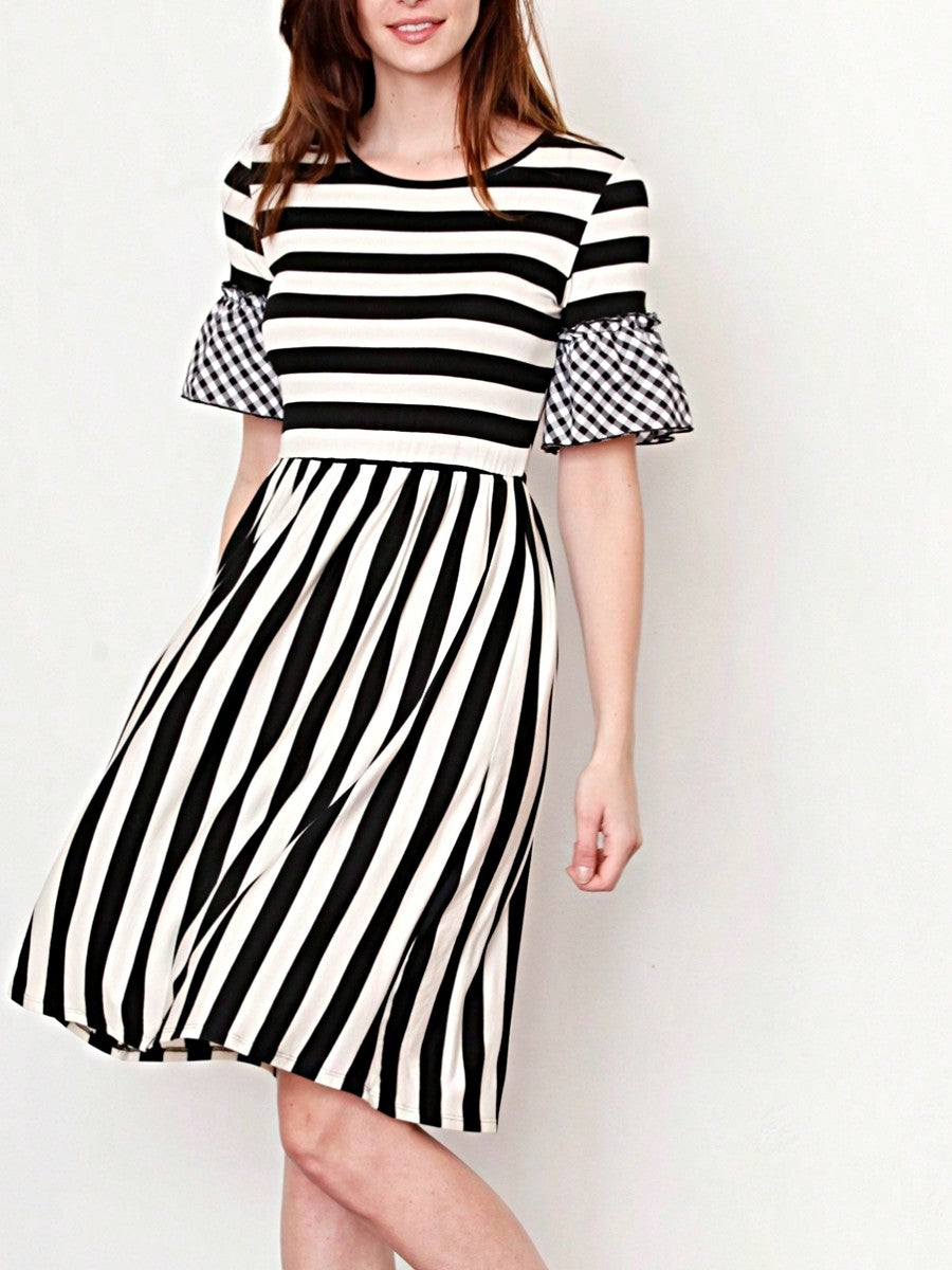 Boho Retro Gingham Rayon Summer Cool Soft Half Sleeve Ruffle Bell Stripe Midi Dress
