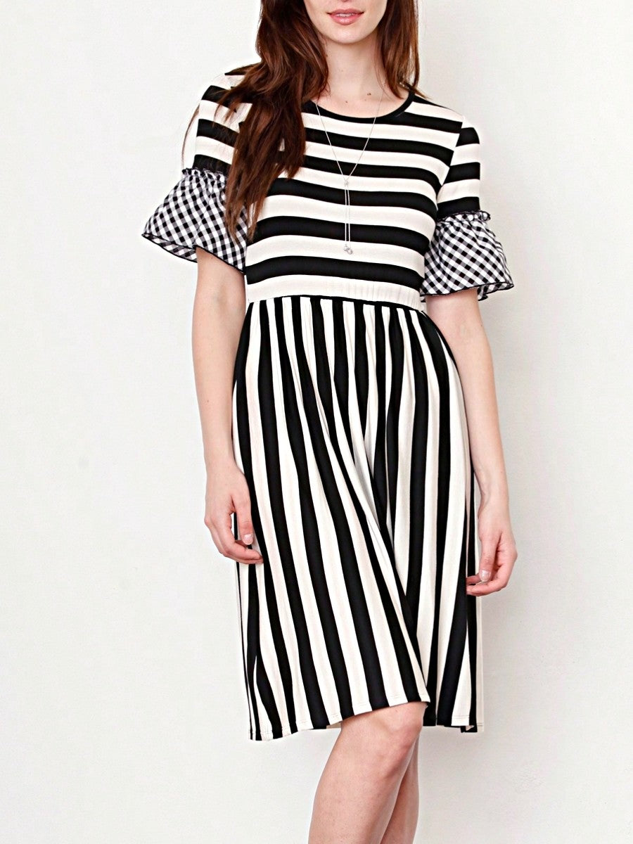 Boho Retro Gingham Rayon Summer Cool Soft Half Sleeve Ruffle Bell Stripe Midi Dress