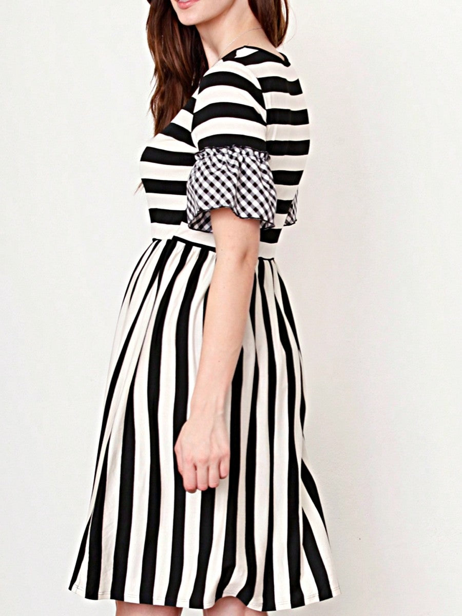 Boho Retro Gingham Rayon Summer Cool Soft Half Sleeve Ruffle Bell Stripe Midi Dress