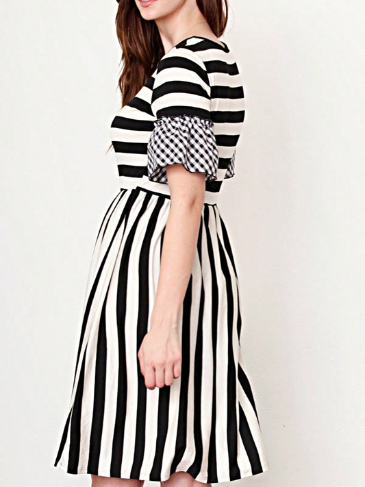 Boho Retro Gingham Rayon Summer Cool Soft Half Sleeve Ruffle Bell Stripe Midi Dress