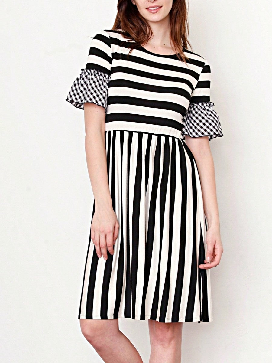 Boho Retro Gingham Rayon Summer Cool Soft Half Sleeve Ruffle Bell Stripe Midi Dress