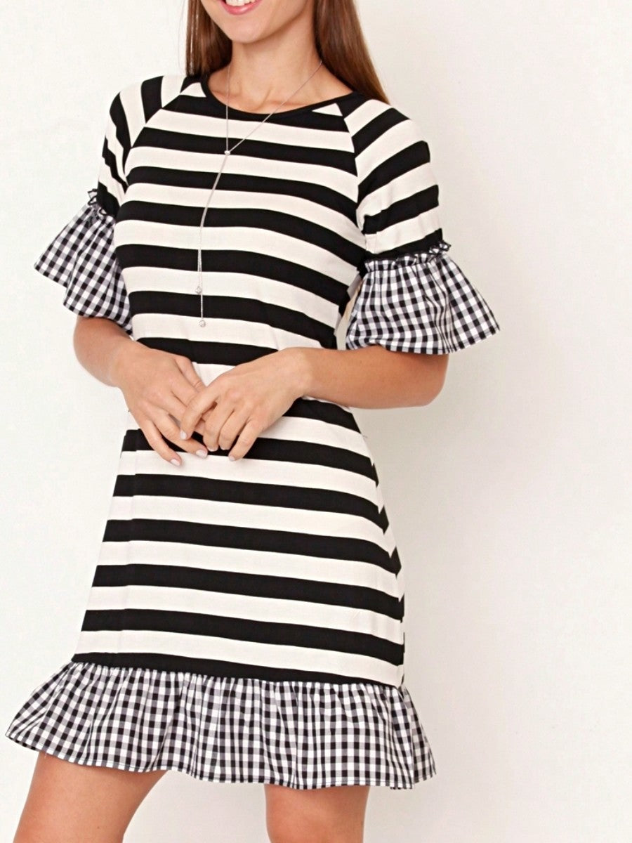 Boho Retro Gingham Rayon Summer Cool Soft Half Sleeve Ruffle Bell Stripe Midi Dress