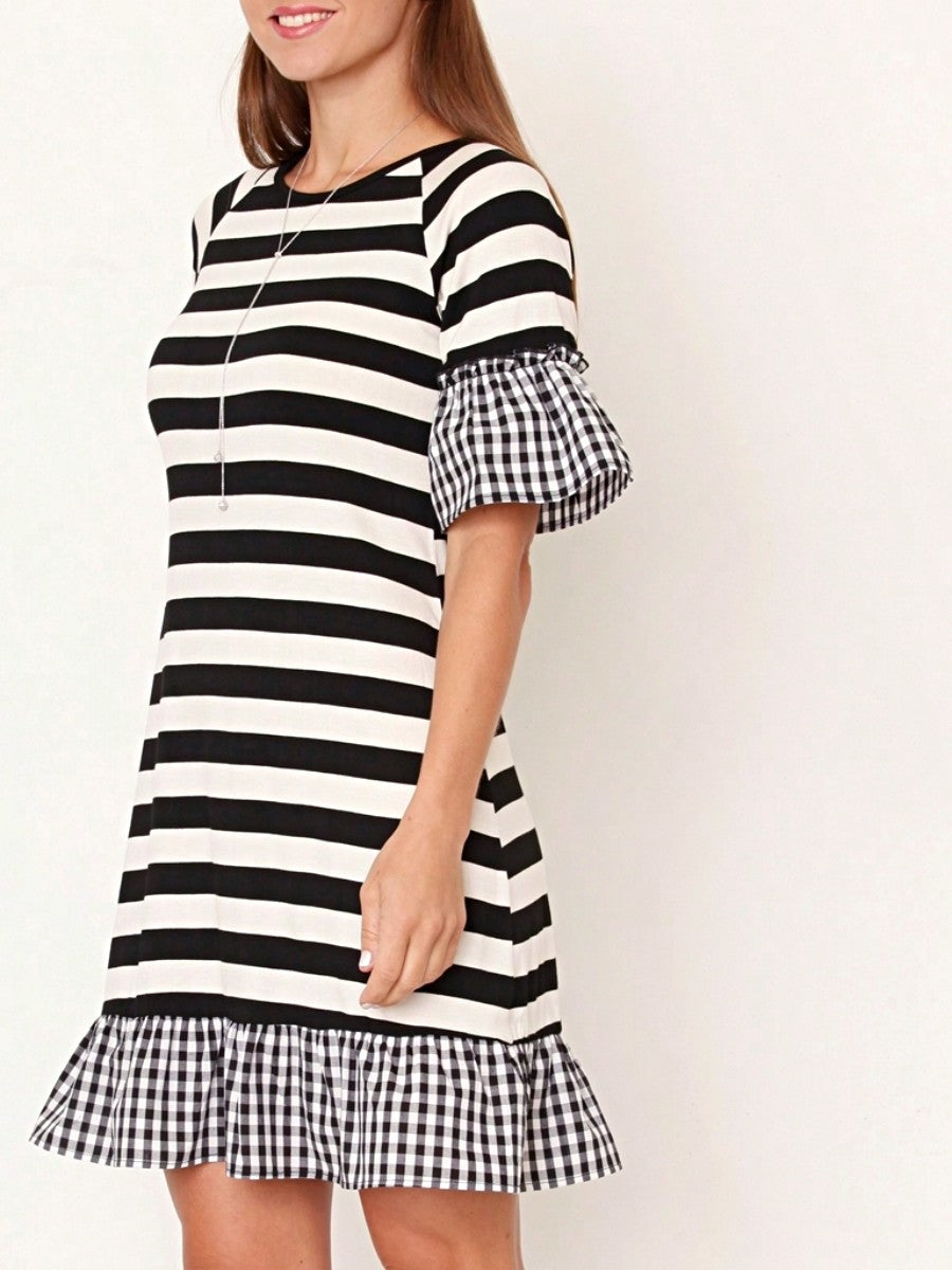 Boho Retro Gingham Rayon Summer Cool Soft Half Sleeve Ruffle Bell Stripe Midi Dress