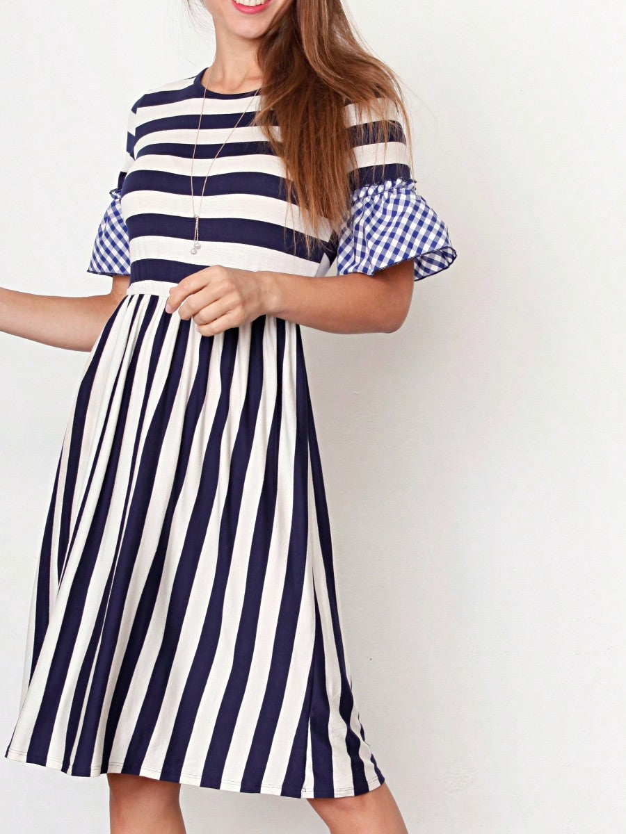 Boho Retro Gingham Rayon Summer Cool Soft Half Sleeve Ruffle Bell Stripe Midi Dress