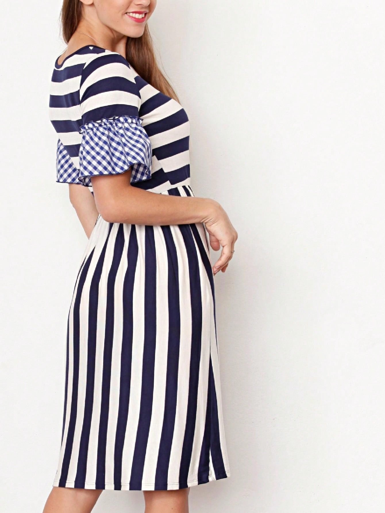 Boho Retro Gingham Rayon Summer Cool Soft Half Sleeve Ruffle Bell Stripe Midi Dress
