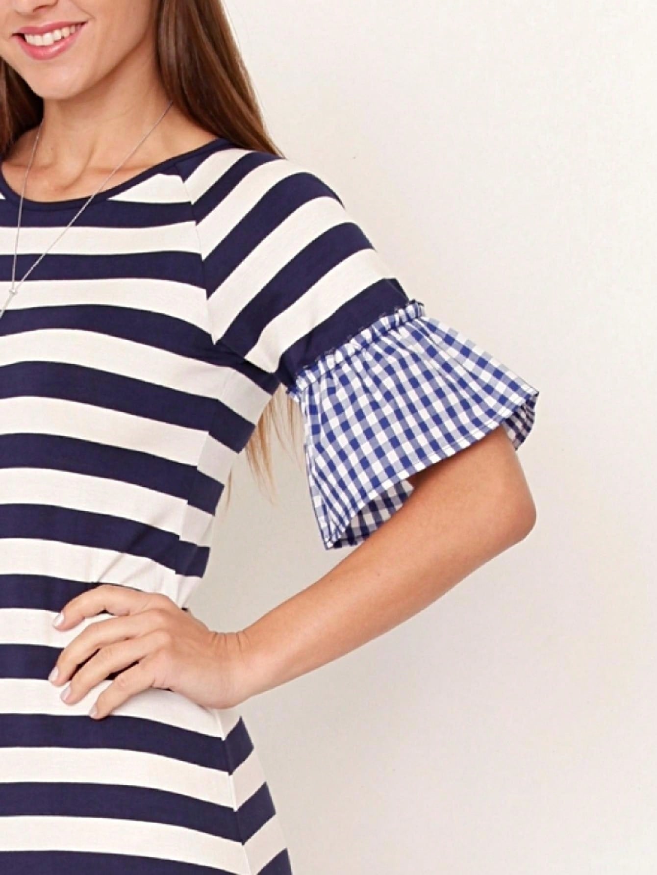 Boho Retro Gingham Rayon Summer Cool Soft Half Sleeve Ruffle Bell Stripe Midi Dress