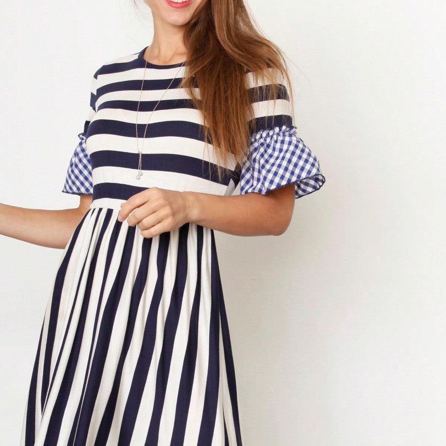 Boho Retro Gingham Rayon Summer Cool Soft Half Sleeve Ruffle Bell Stripe Midi Dress