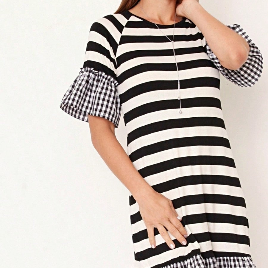 Boho Retro Gingham Rayon Summer Cool Soft Half Sleeve Ruffle Bell Stripe Midi Dress