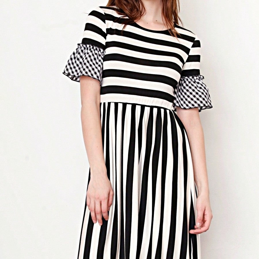 Boho Retro Gingham Rayon Summer Cool Soft Half Sleeve Ruffle Bell Stripe Midi Dress
