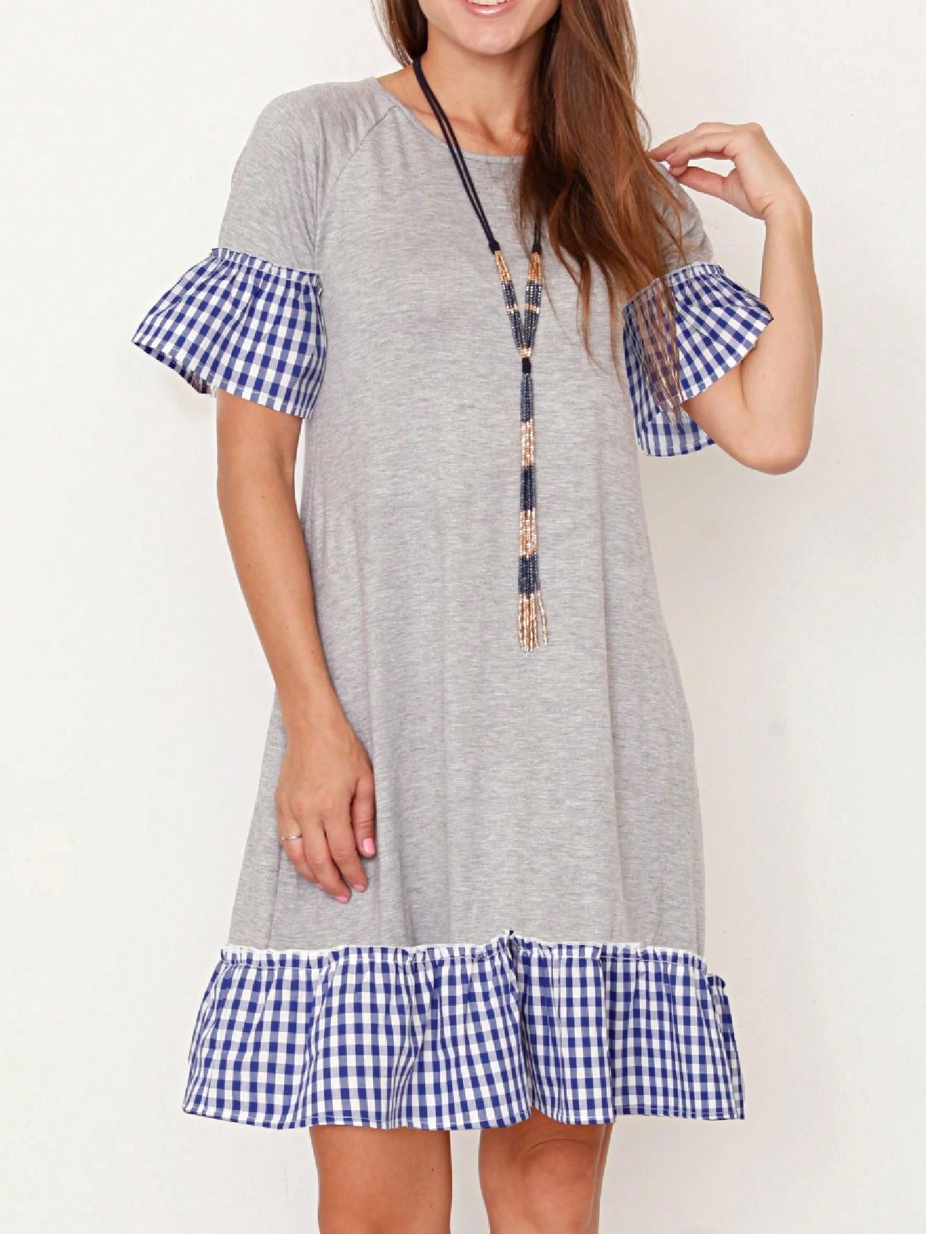 Boho Retro Gingham Rayon Summer Cool Soft Half Sleeve Ruffle Bell Stripe Midi Dress